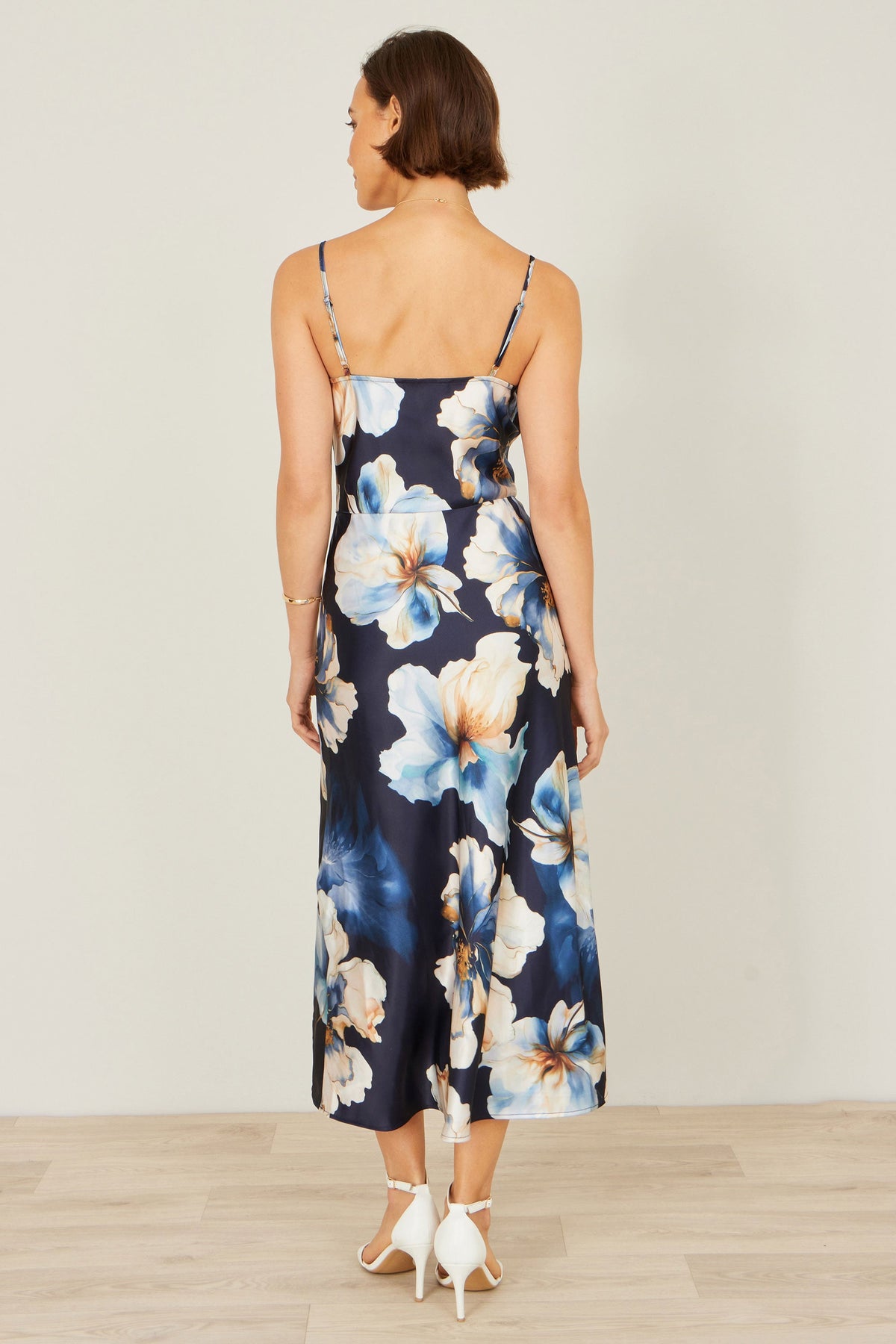 Yumi Navy Cowl Neck Satin Floral Dress