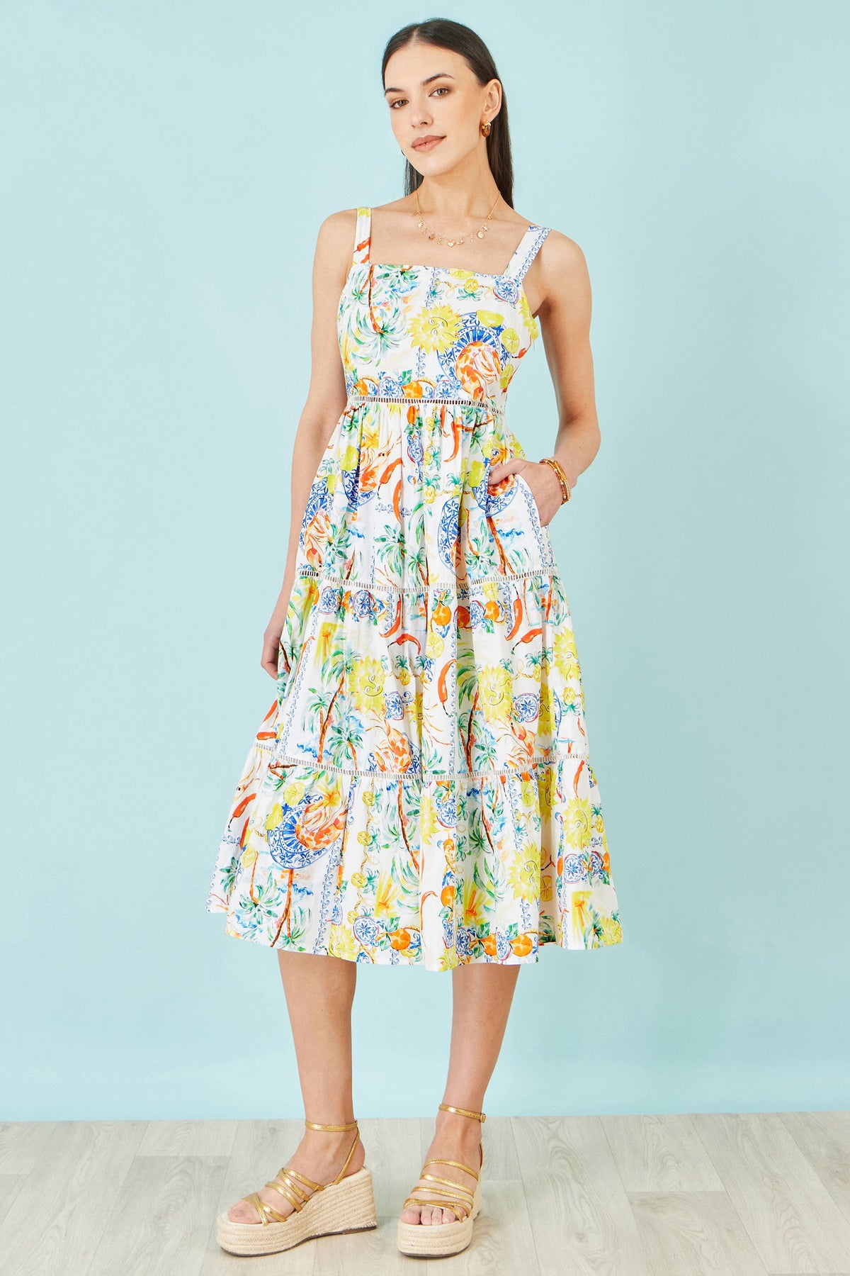 Yumi White Mediterranean Print Cotton Midi Sun Dress