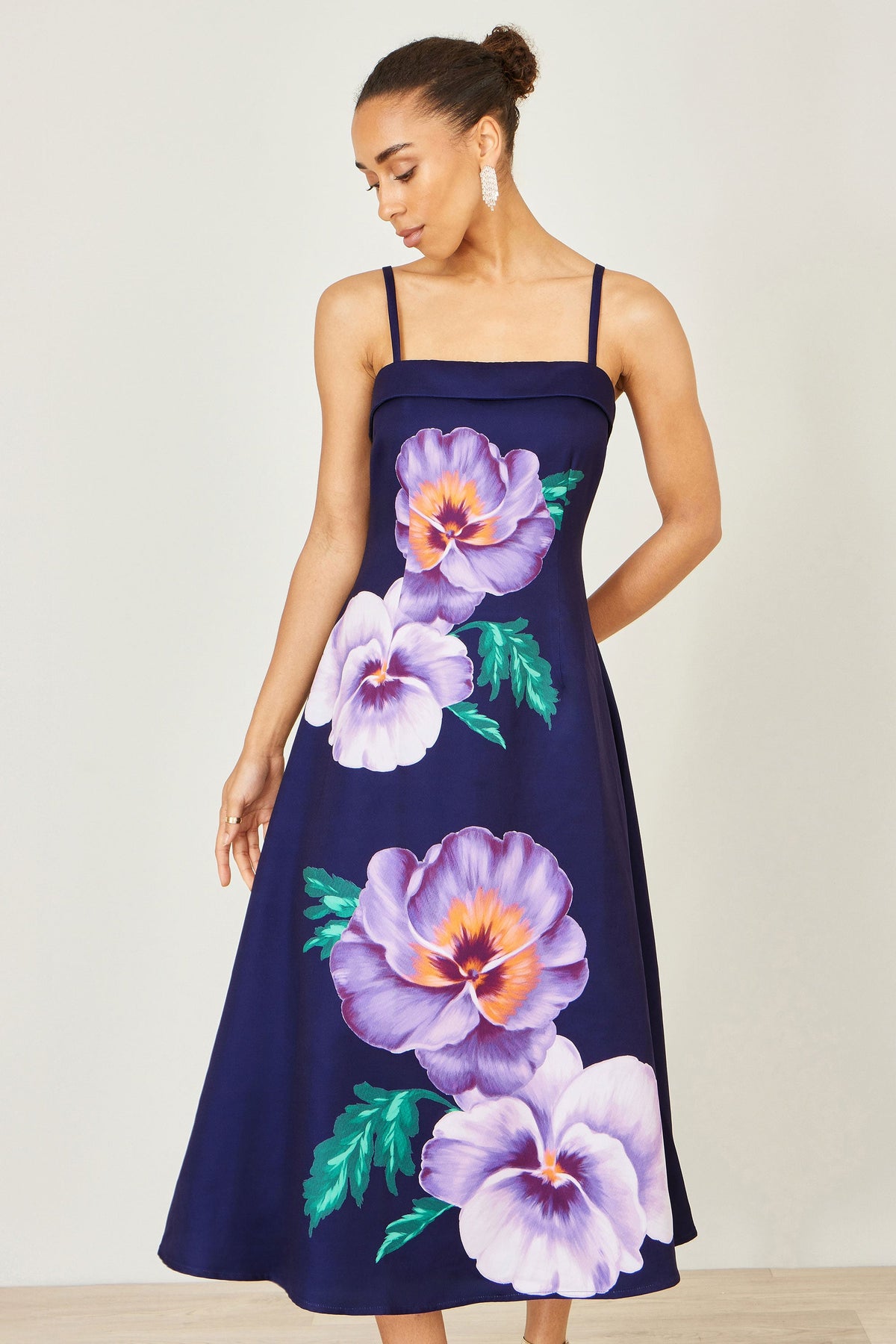 Yumi Navy Pansy Strappy Midi Dress