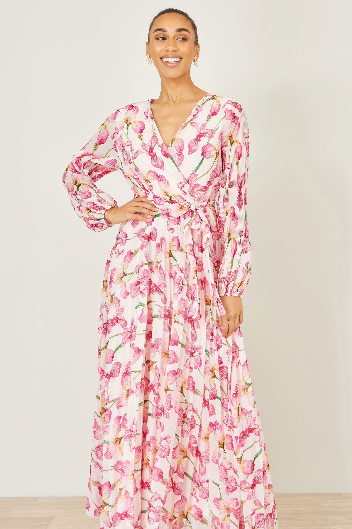 Yumi White Orchid Floral Pleated Wrap Maxi Dress