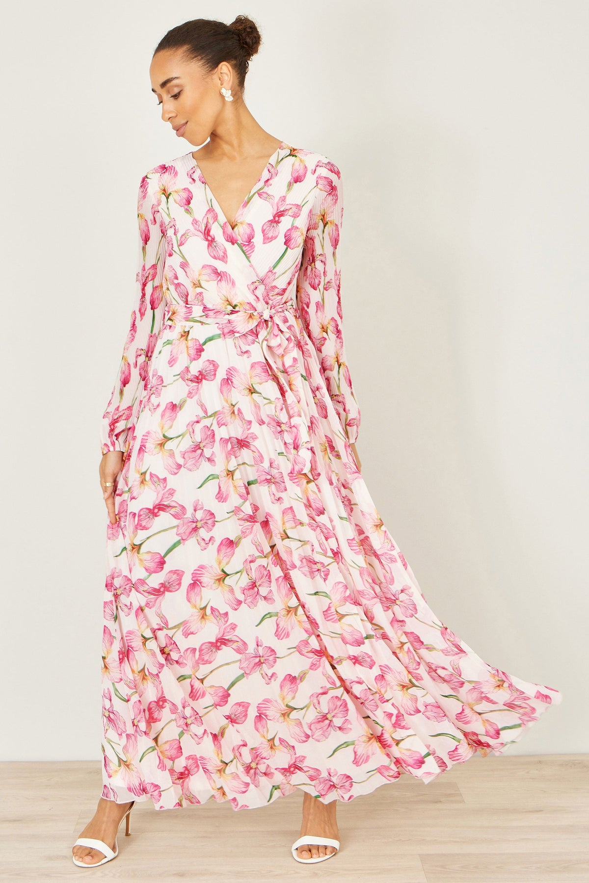 Yumi White Orchid Floral Pleated Wrap Maxi Dress