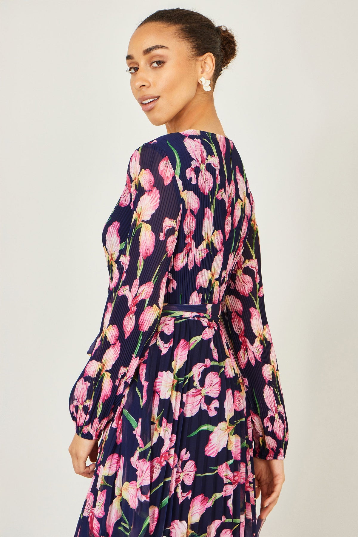 Yumi Navy Orchid Floral Pleated Wrap Maxi Dress