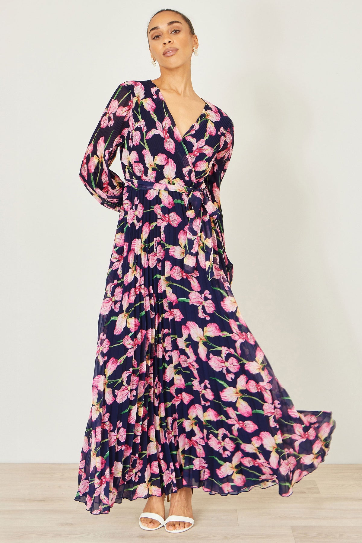 Yumi Navy Orchid Floral Pleated Wrap Maxi Dress