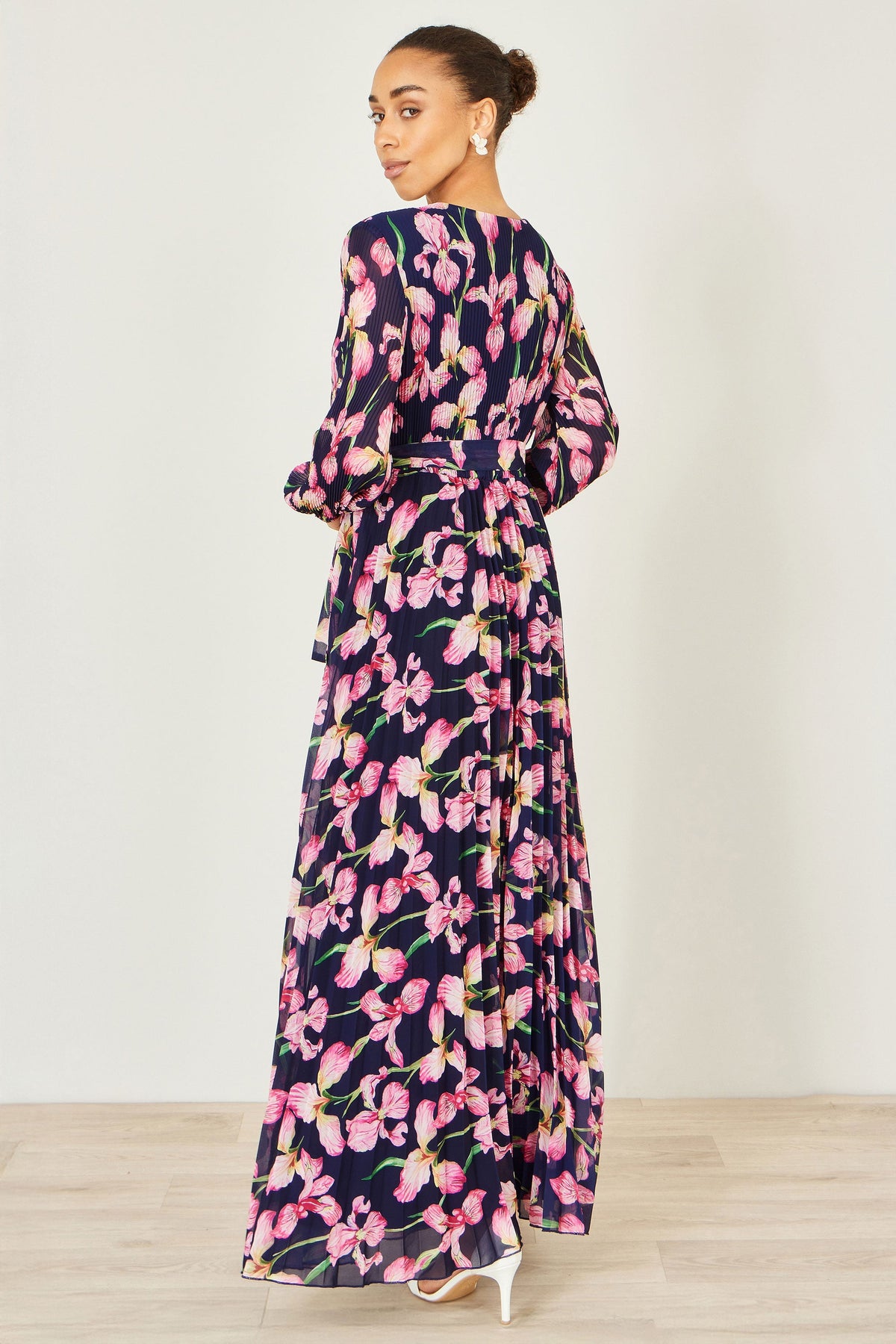 Yumi Navy Orchid Floral Pleated Wrap Maxi Dress