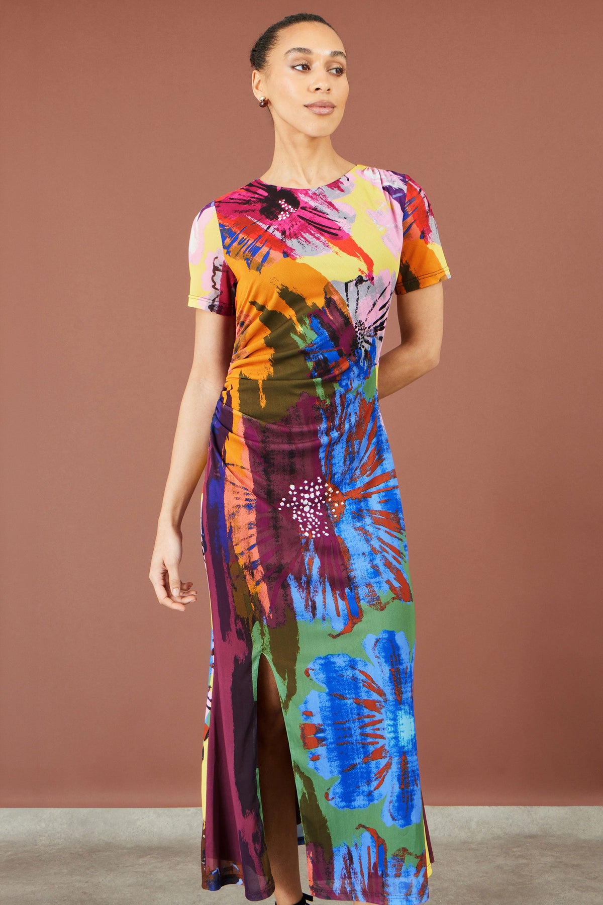 Yumi Multicolour Abstract Floral Mesh Midi Dress