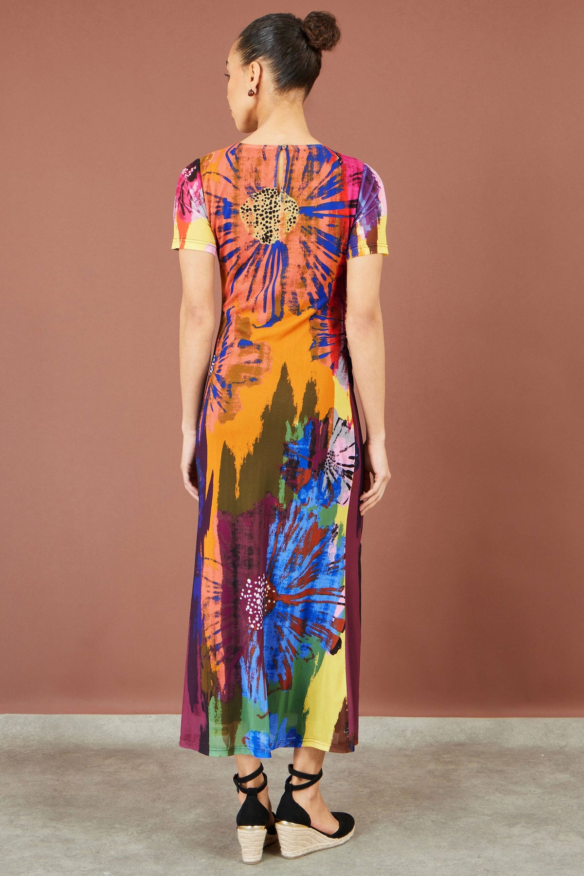 Yumi Multicolour Abstract Floral Mesh Midi Dress