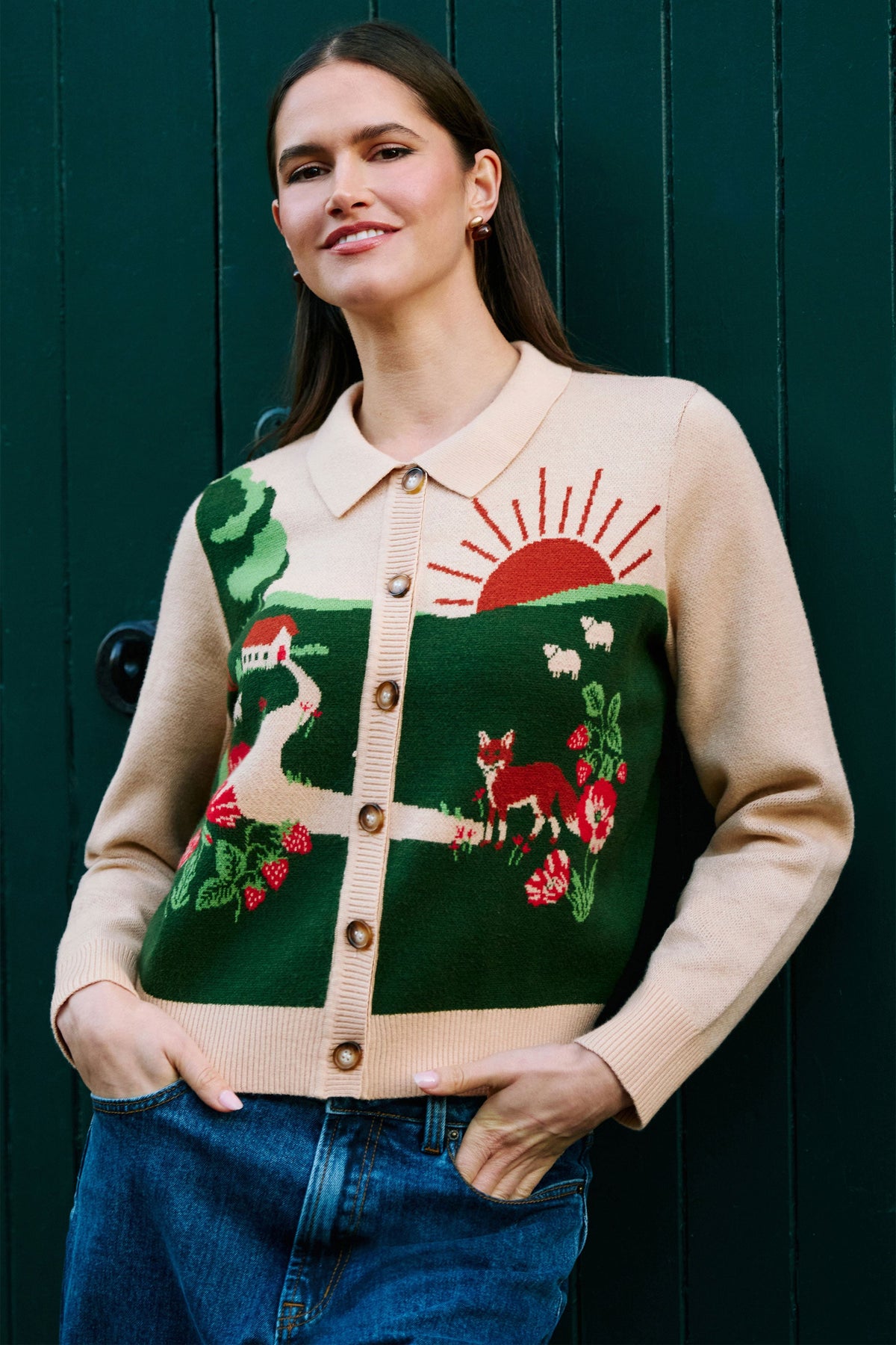 Yumi Beige Fox Scene Viscose Knitted Box Jacket
