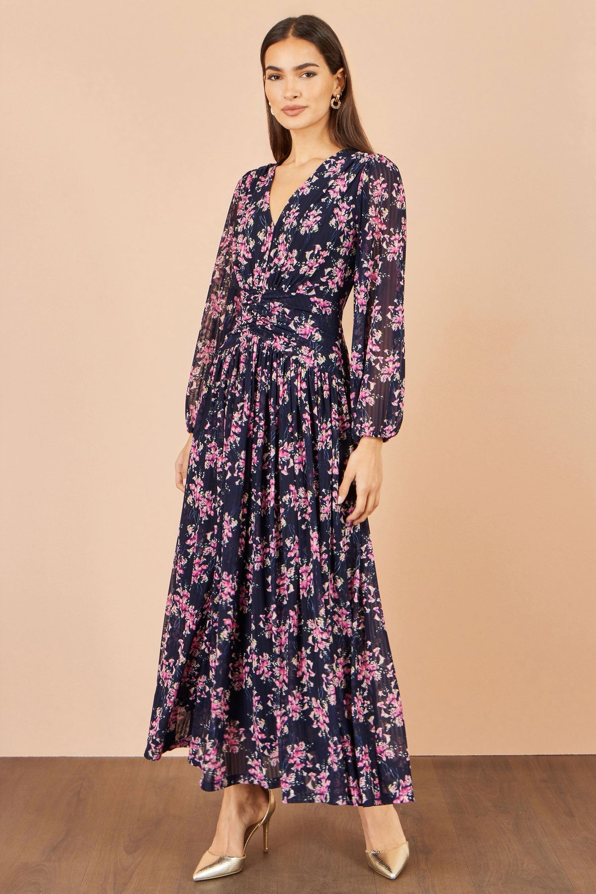 Yumi Navy Floral Mesh Ruched Waist Maxi Dress