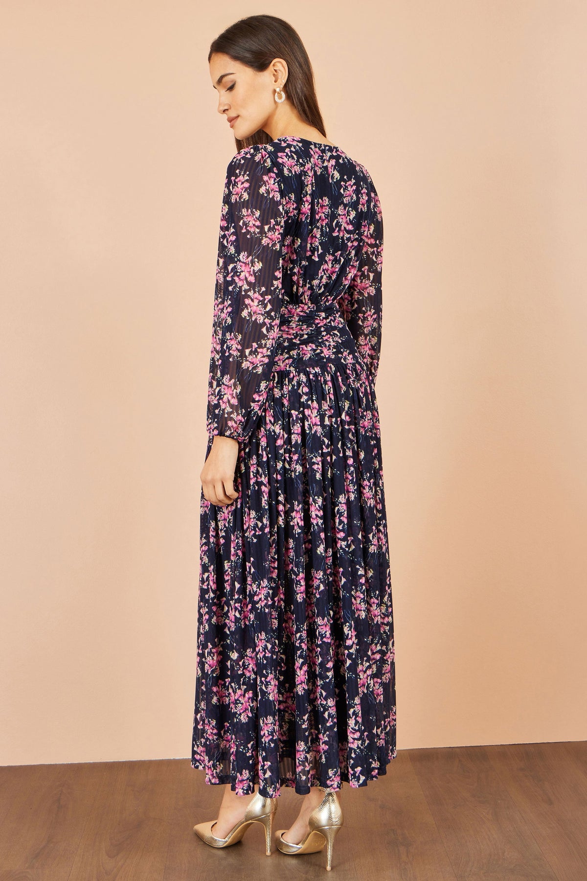Yumi Navy Floral Mesh Ruched Waist Maxi Dress