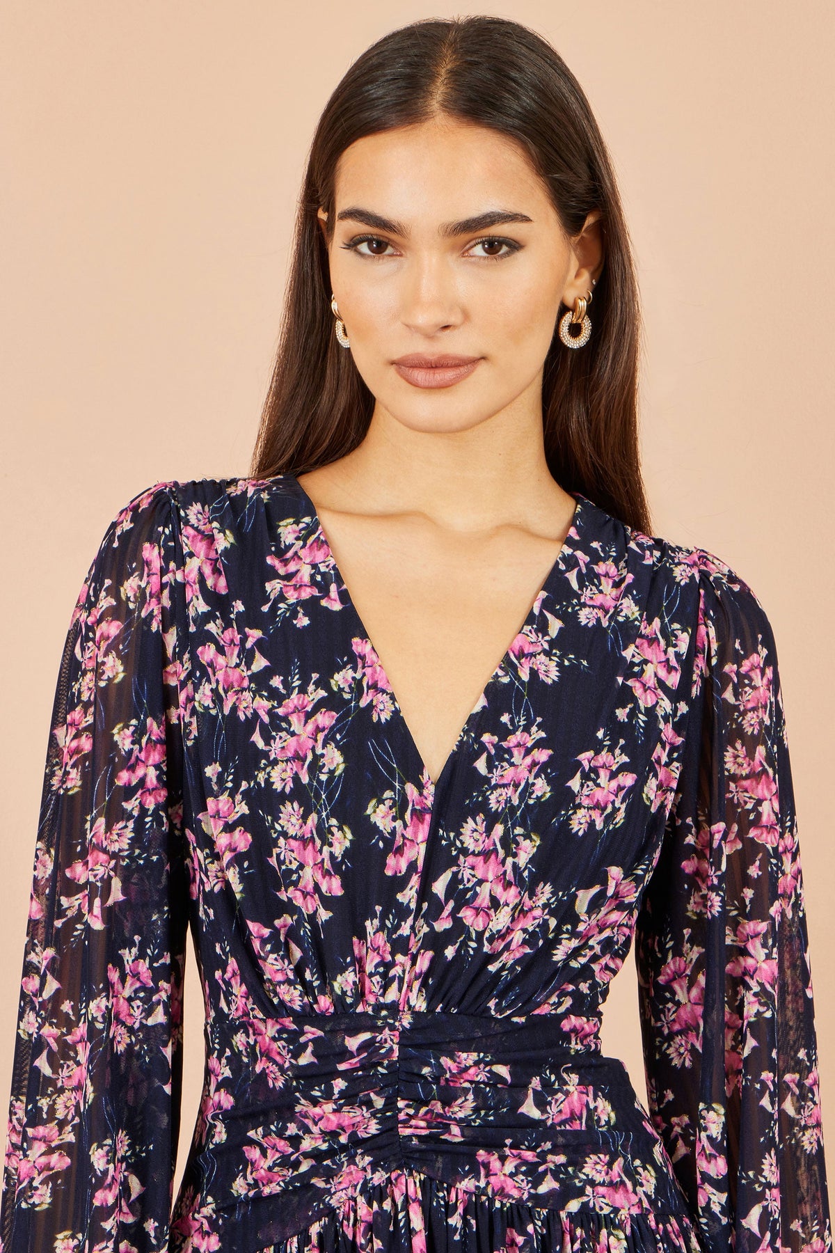 Yumi Navy Floral Mesh Ruched Waist Maxi Dress