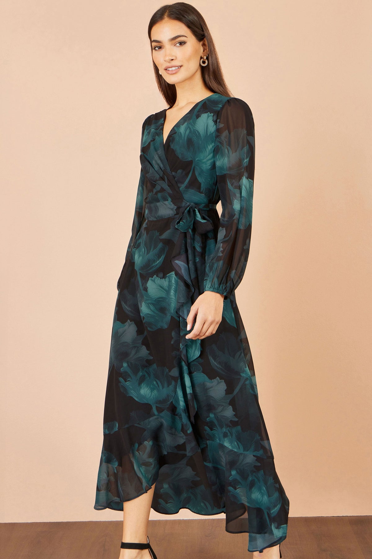 Yumi Black Floral Dipped Hem Wrap Midi Dress