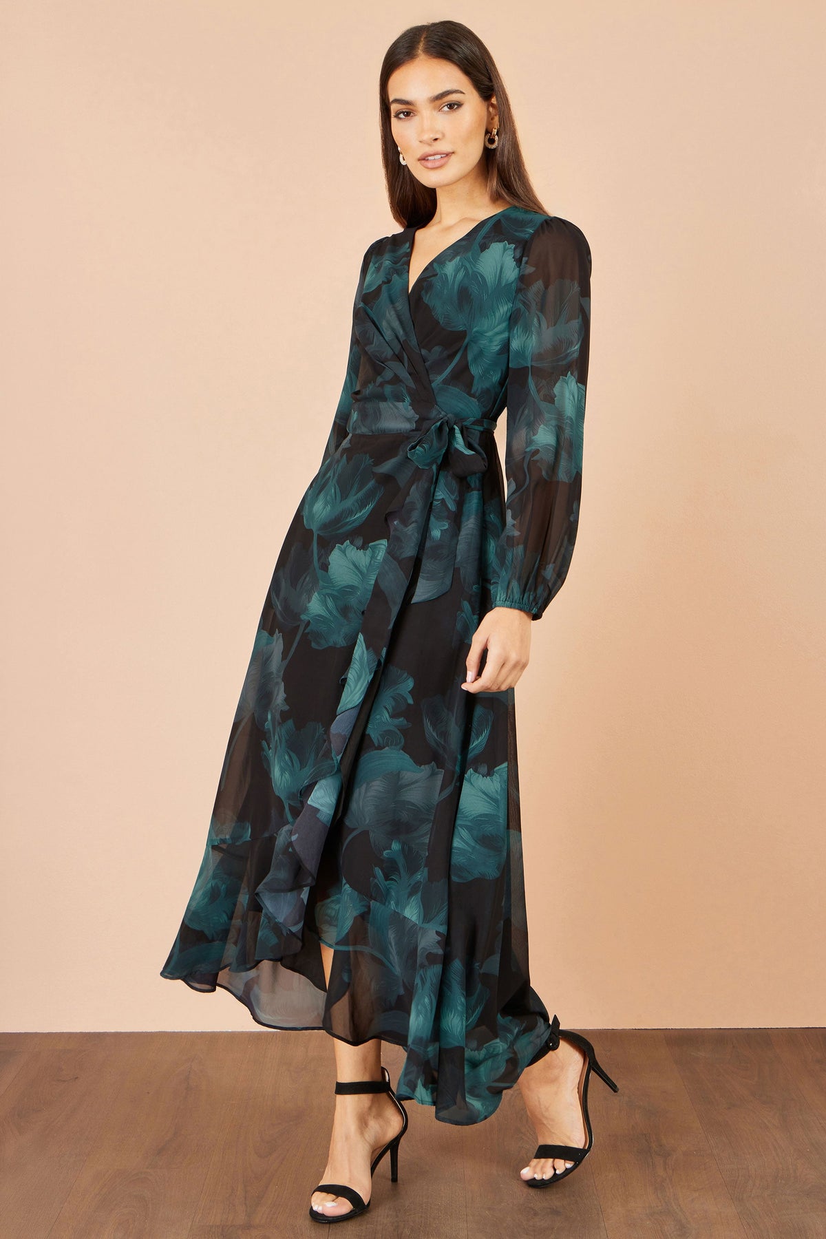 Yumi Black Floral Dipped Hem Wrap Midi Dress