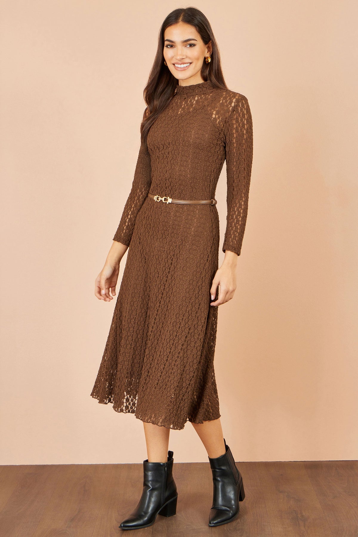 Yumi Brown High Neck Lace Midi Dress