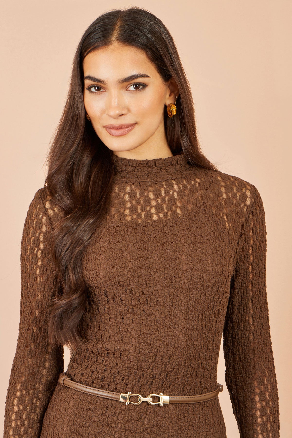 Yumi Brown High Neck Lace Midi Dress