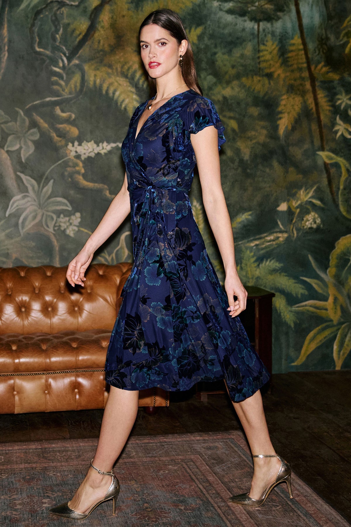 Yumi Blue Velvet Floral Wrap Midi Dress