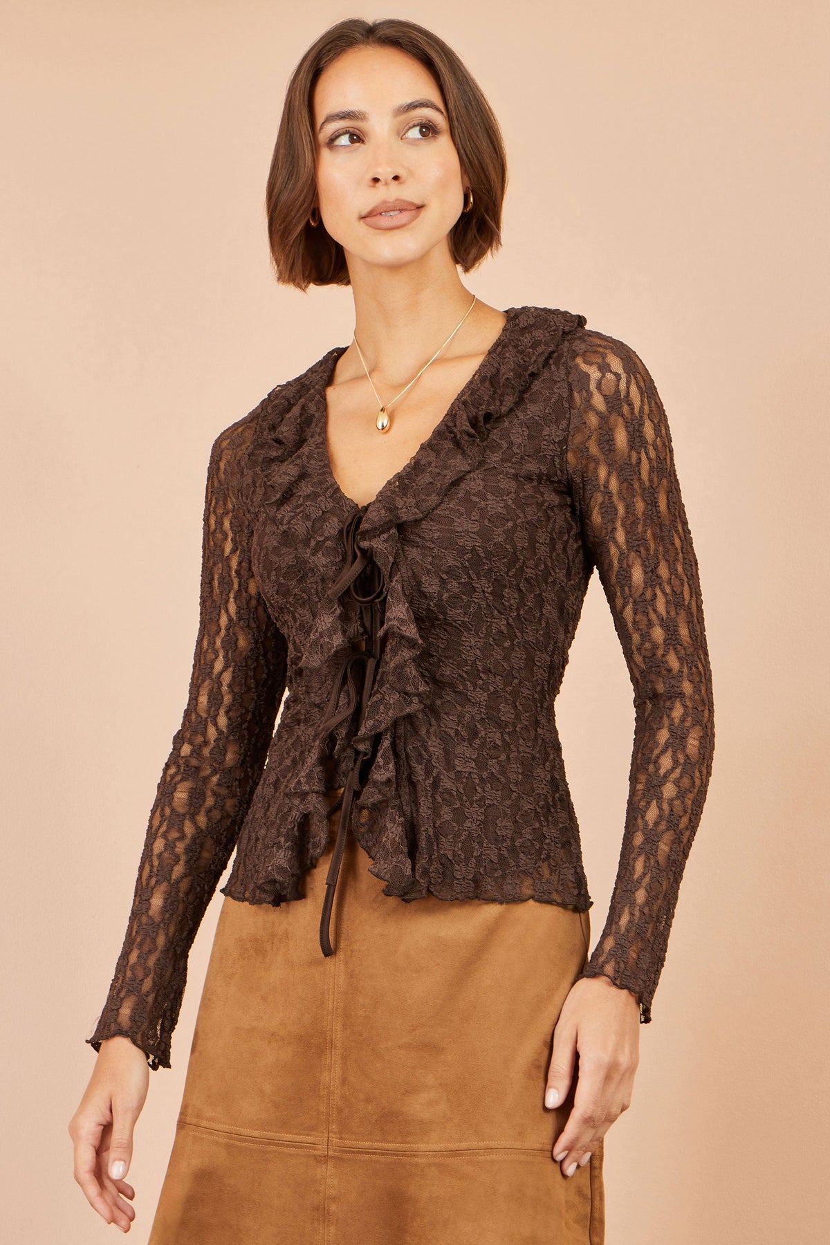 Yumi Brown Ruffle Lace Top