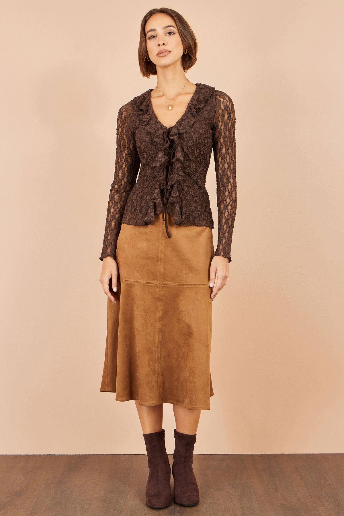 Yumi Brown Ruffle Lace Top