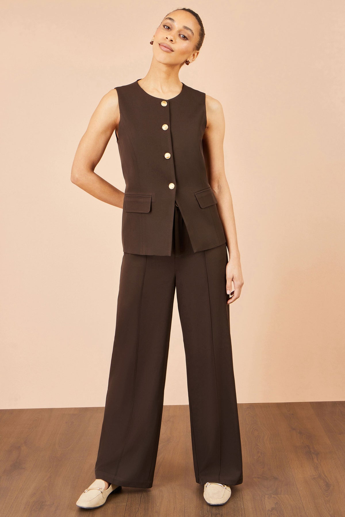 Yumi Brown Wide Leg Stretch Trousers