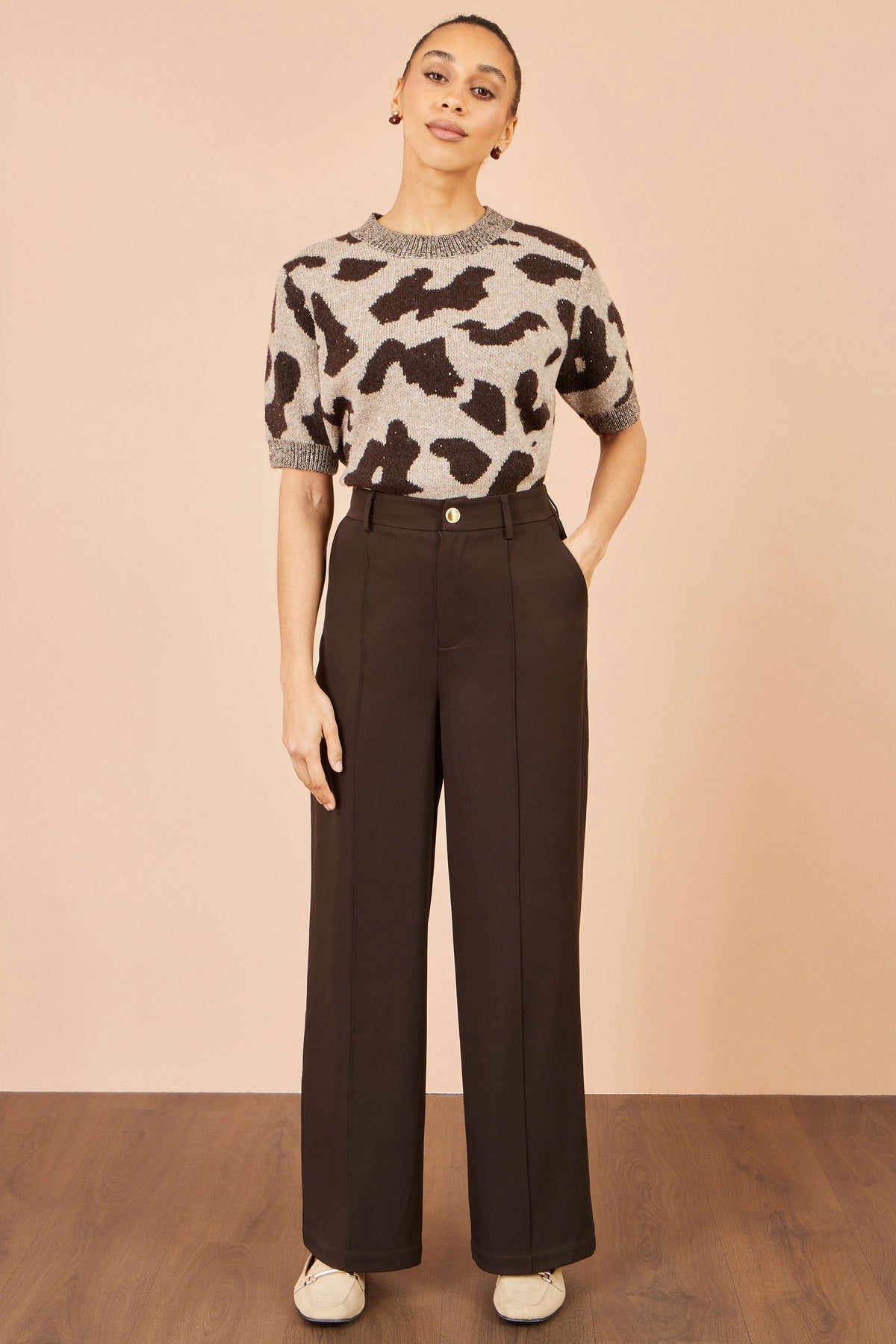 Yumi Brown Wide Leg Stretch Trousers