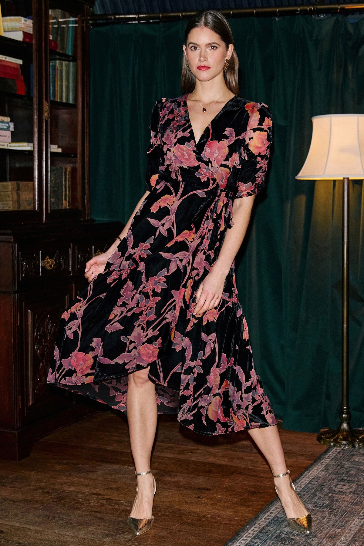 Yumi Velvet Floral Wrap Dress With Ruched Sleeves