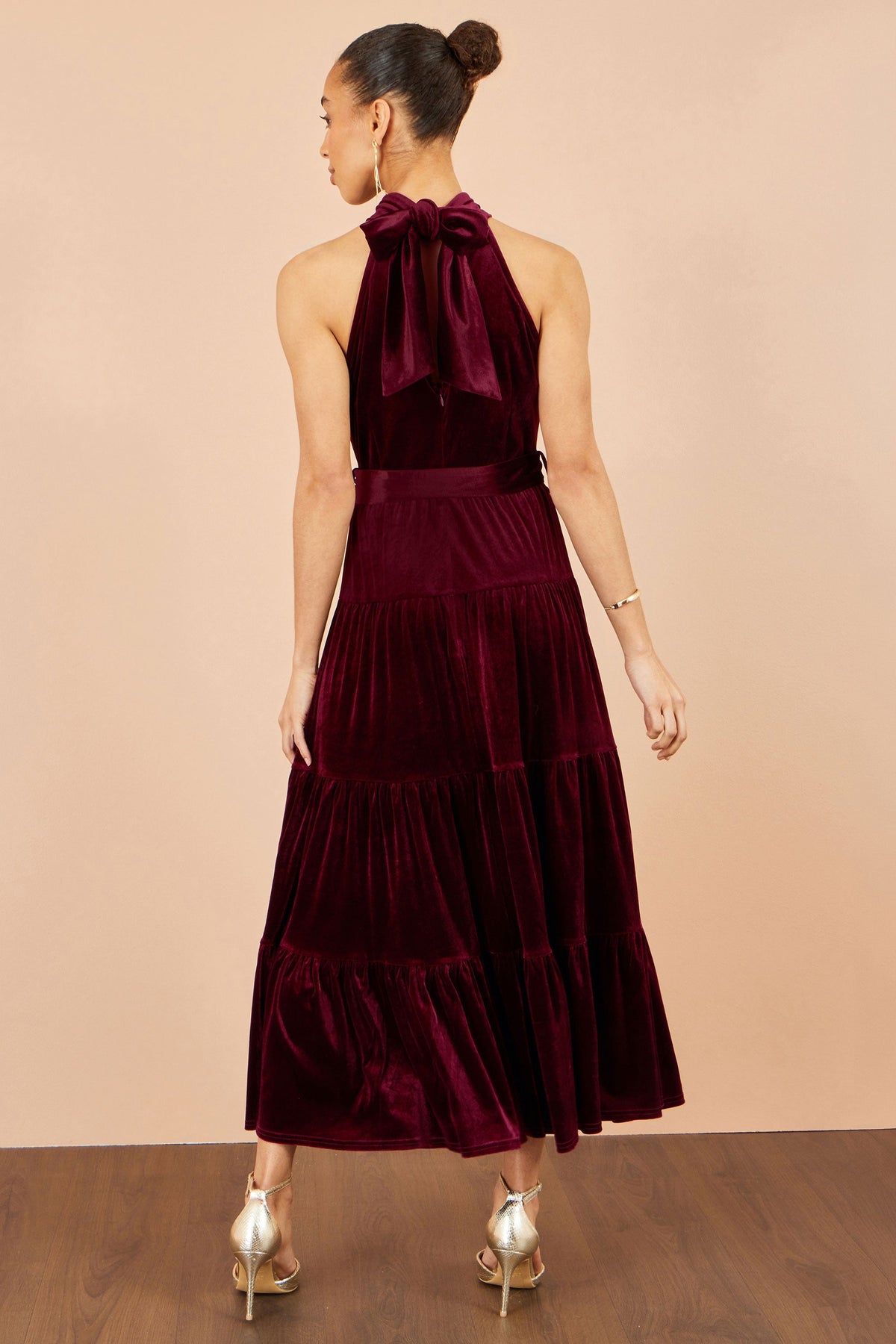 Yumi Burgundy Velvet Halter Maxi Dress With Belt