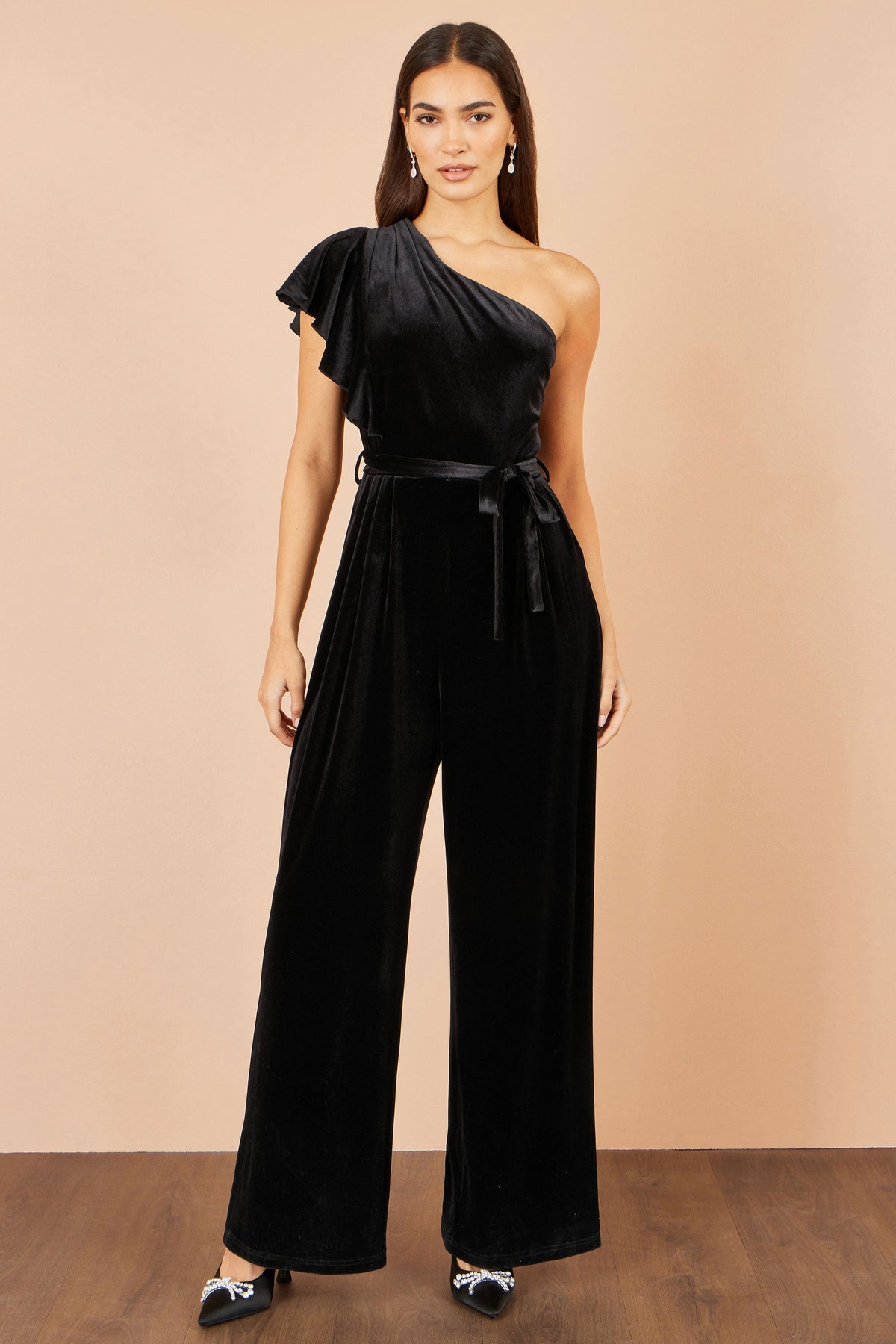 Yumi Black One Shoulder Velvet Jumpsuit