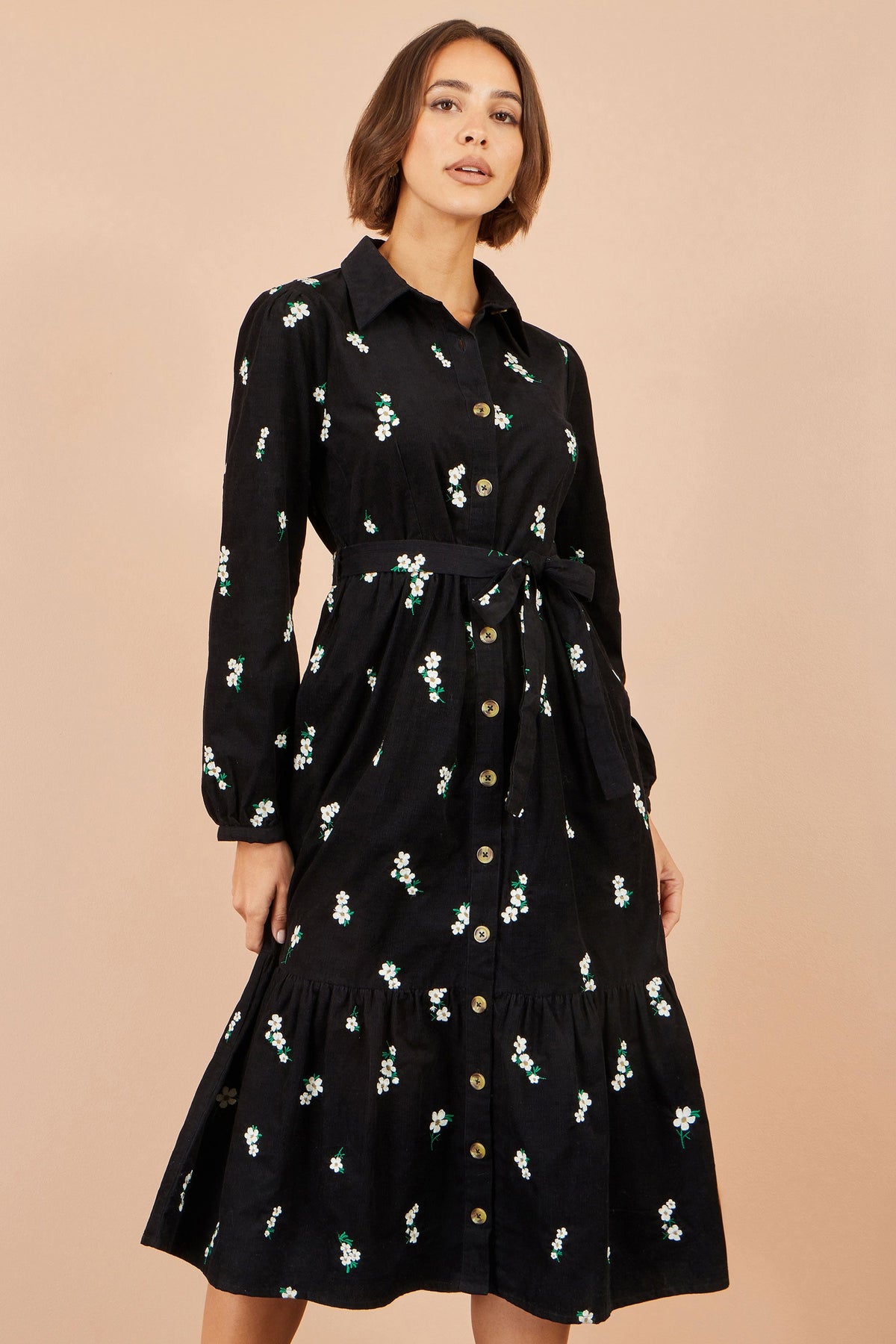 Yumi Black Daisy Embroidered Cord Shirt Dress