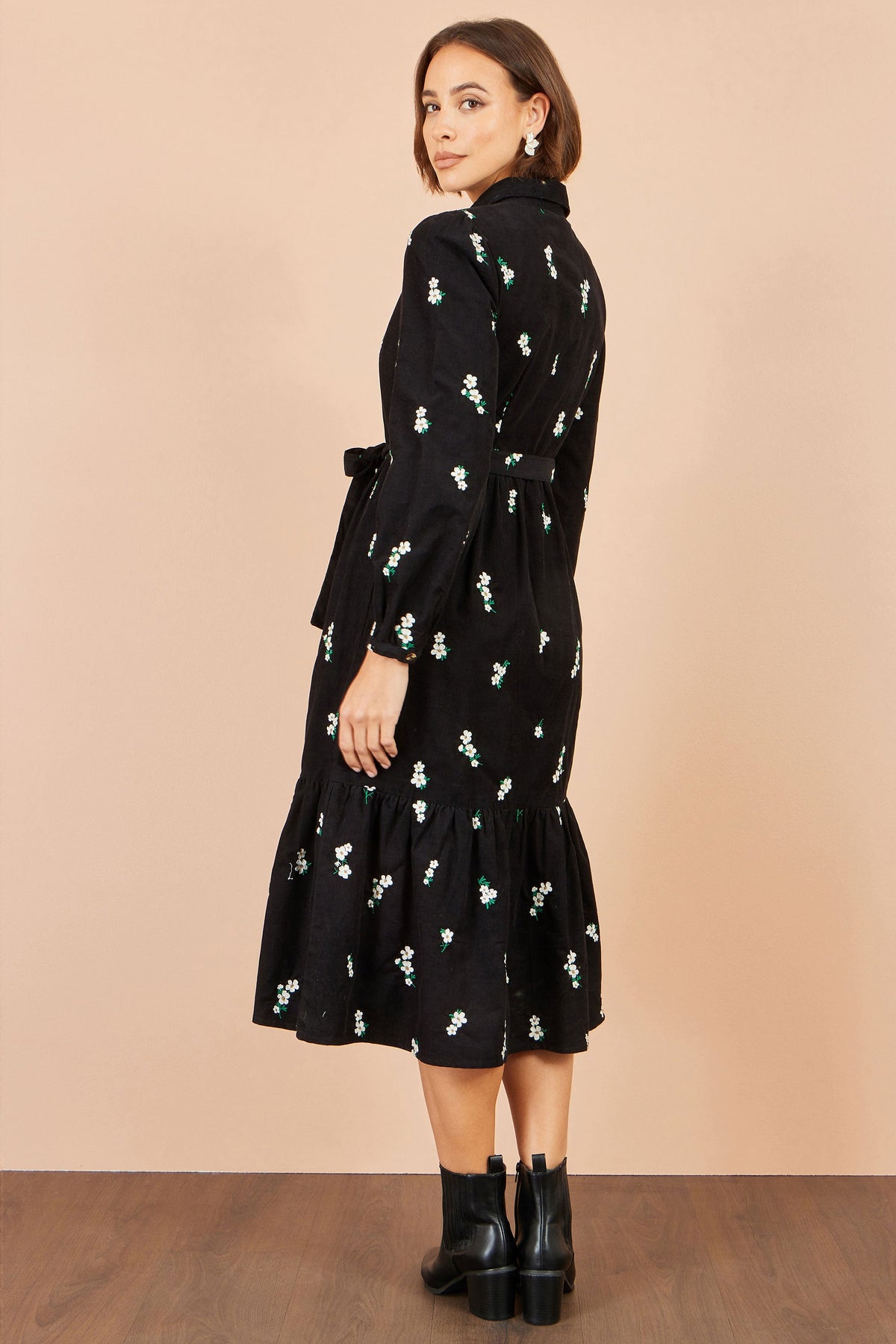 Yumi Black Daisy Embroidered Cord Shirt Dress