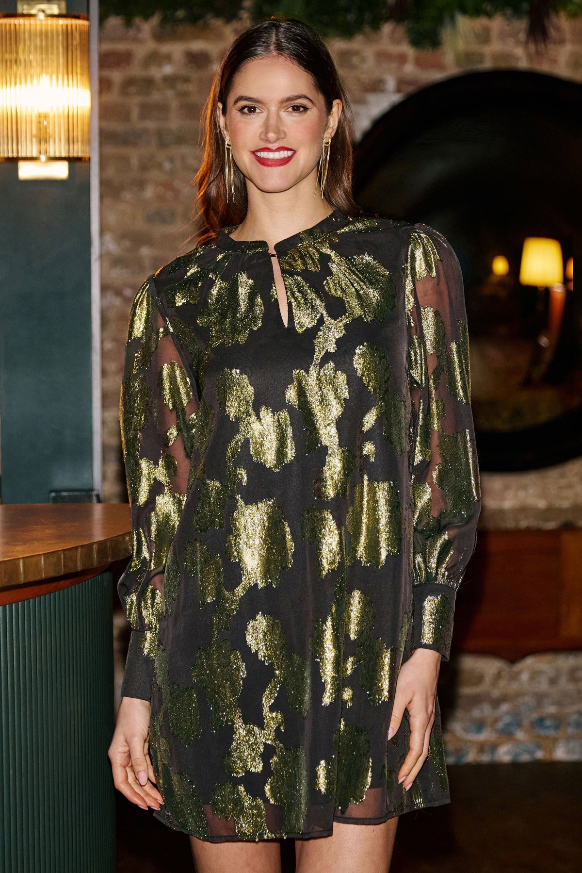 Yumi Gold Metallic Abstract Floral Tunic Dress