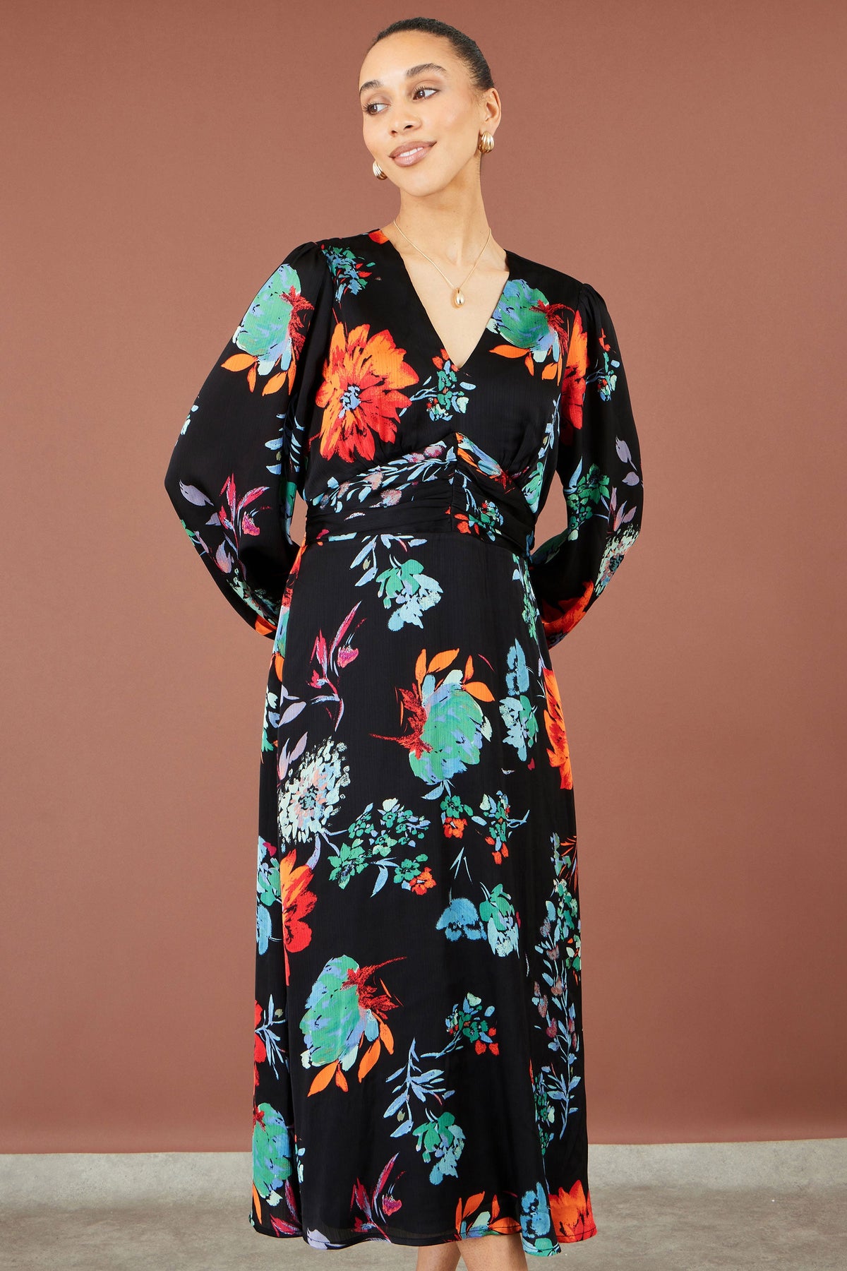 Yumi Black Floral Midi Dress With Long Sleeves