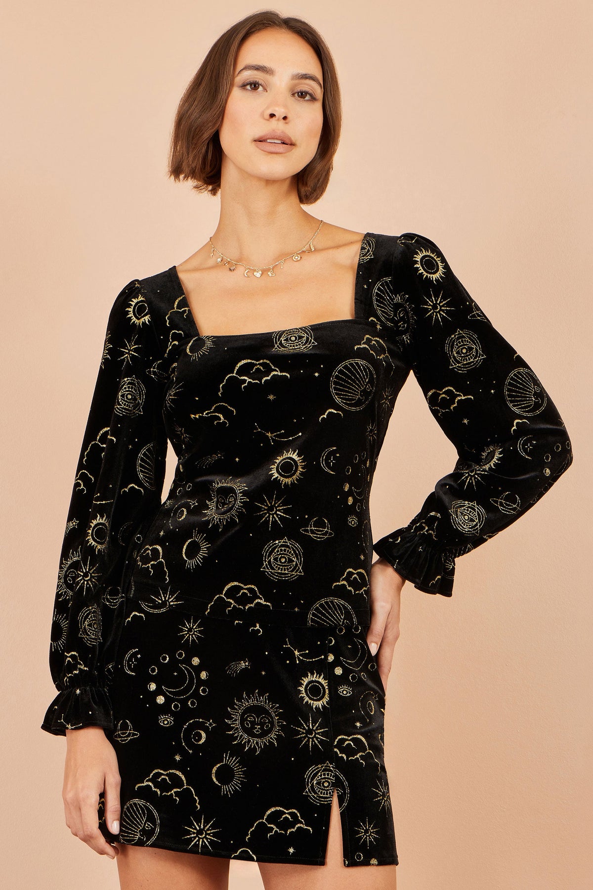 Yumi Black Velvet Cosmic Print Top