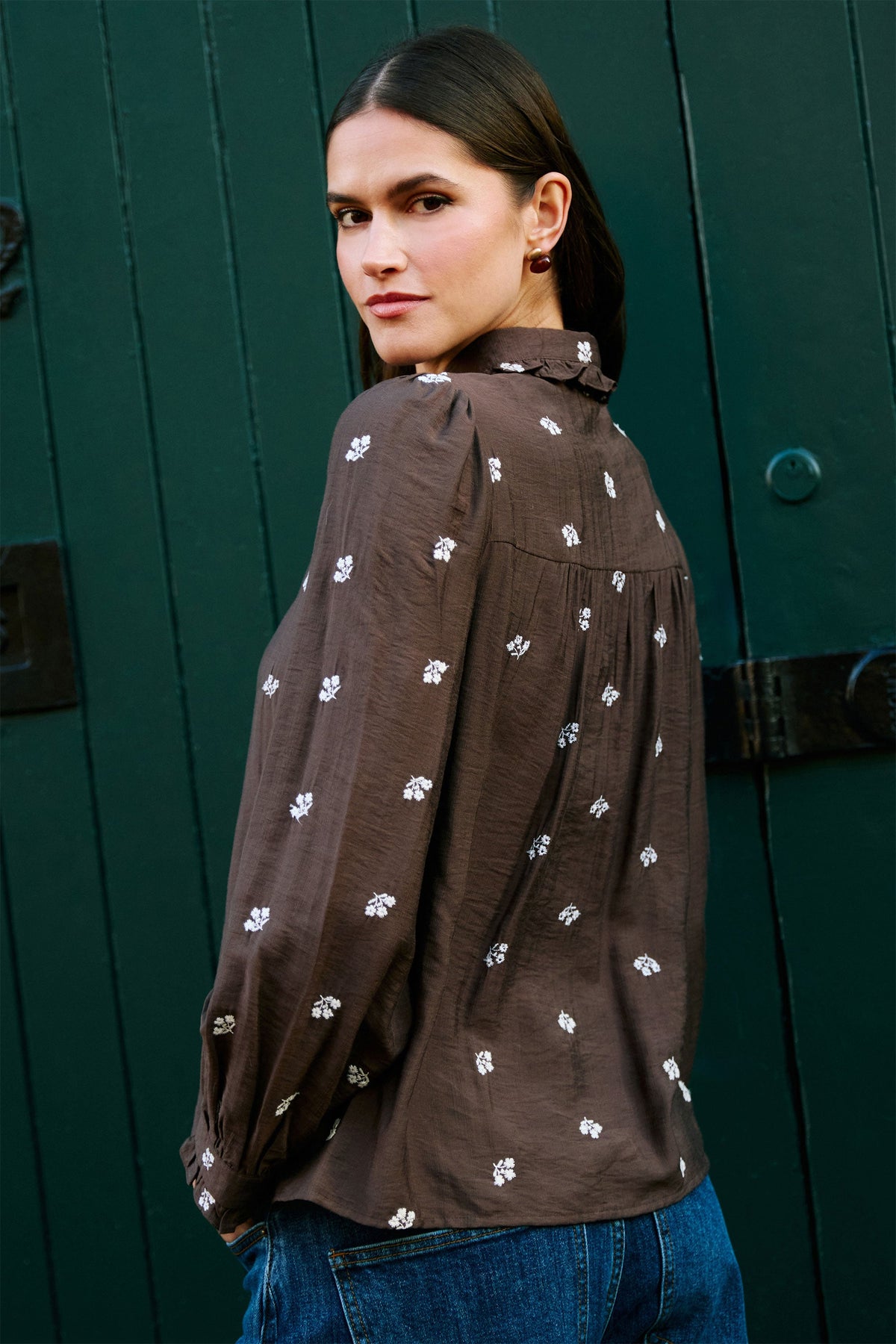 Yumi Brown Viscose Daisy Embroidered Shirt