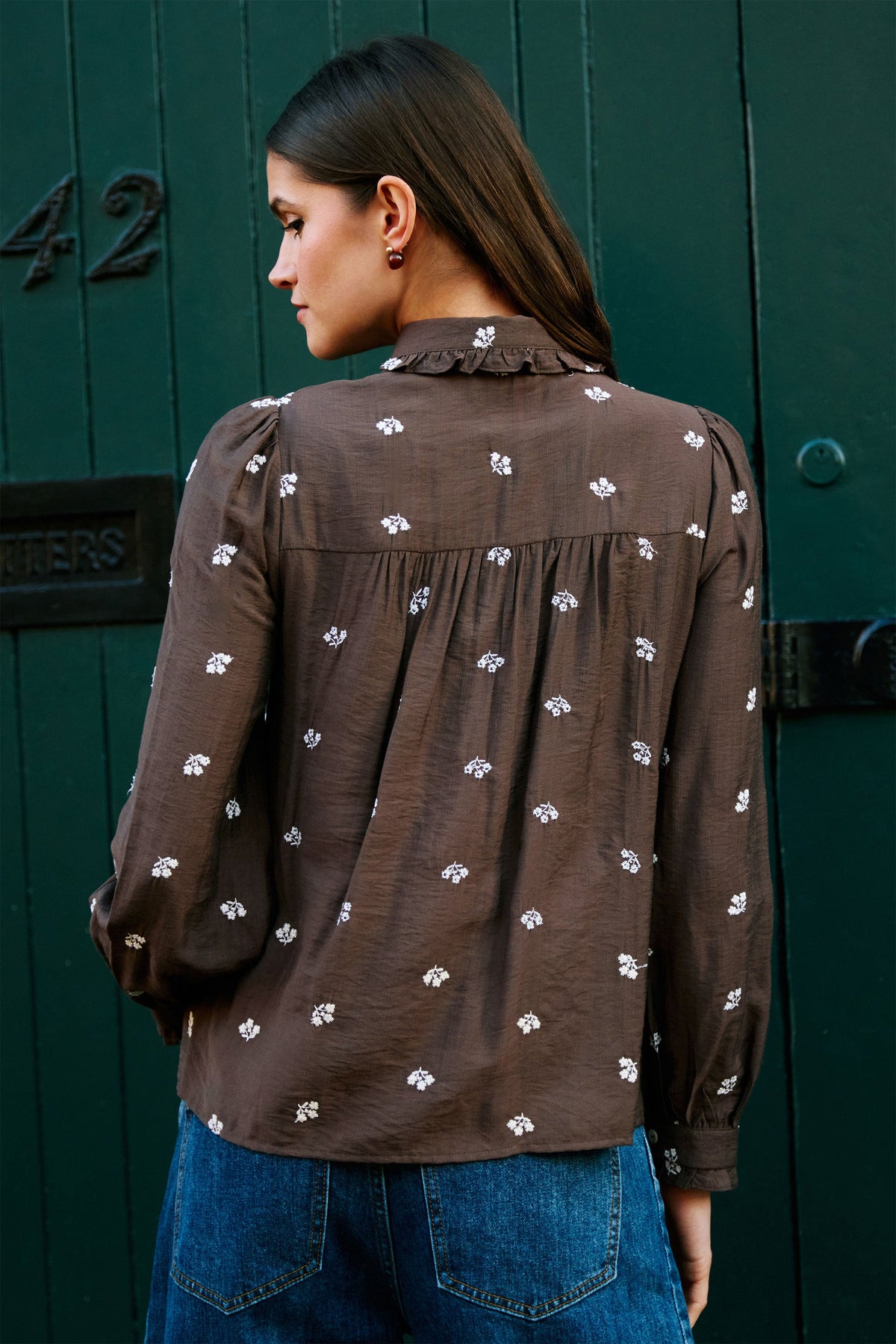 Yumi Brown Viscose Daisy Embroidered Shirt