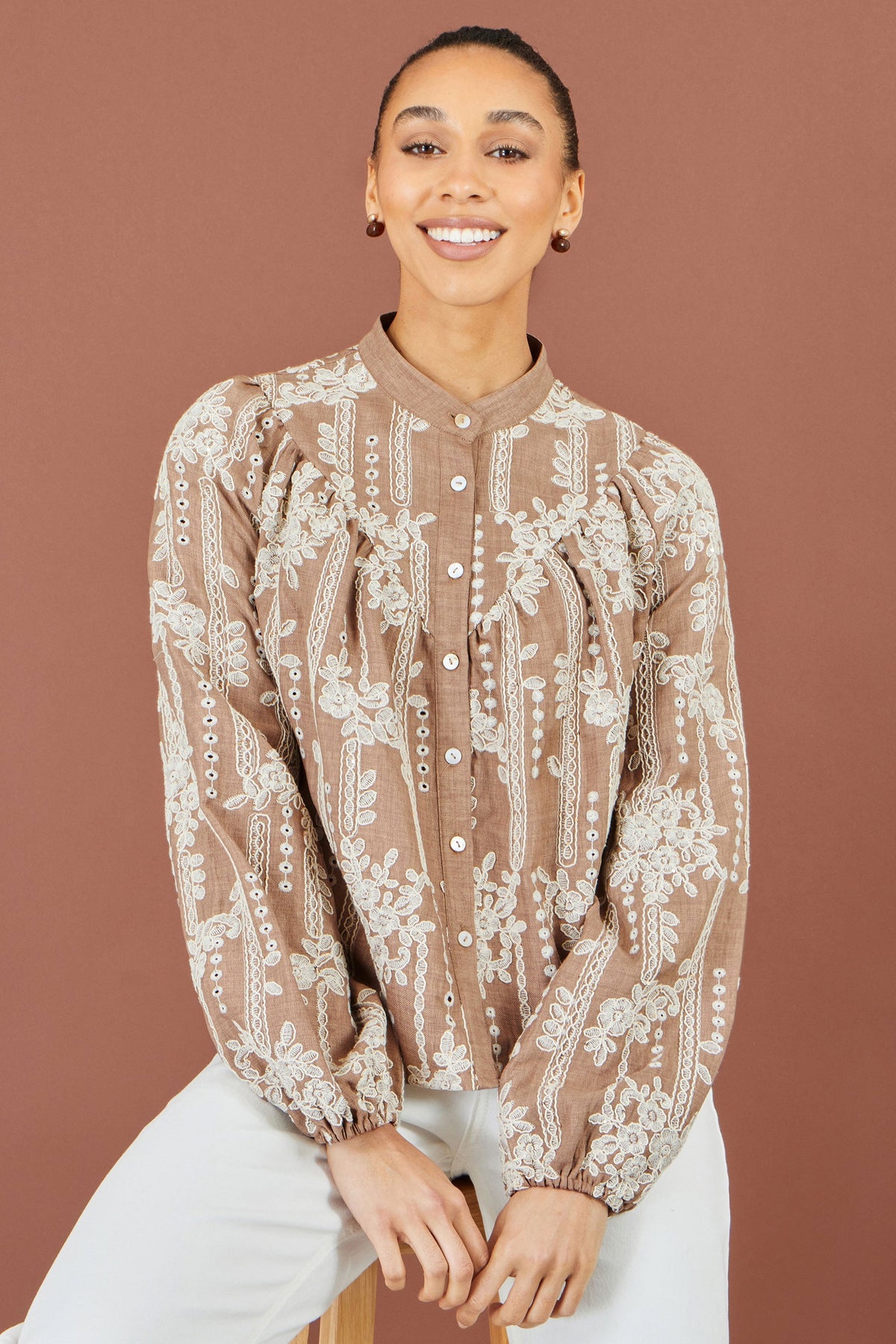 Yumi Brown Embroidered Floral Relaxed Shirt