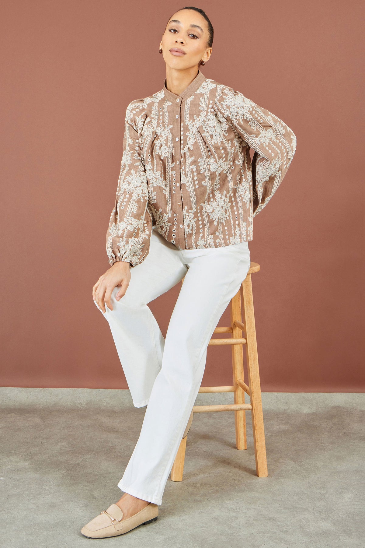 Yumi Brown Embroidered Floral Relaxed Shirt