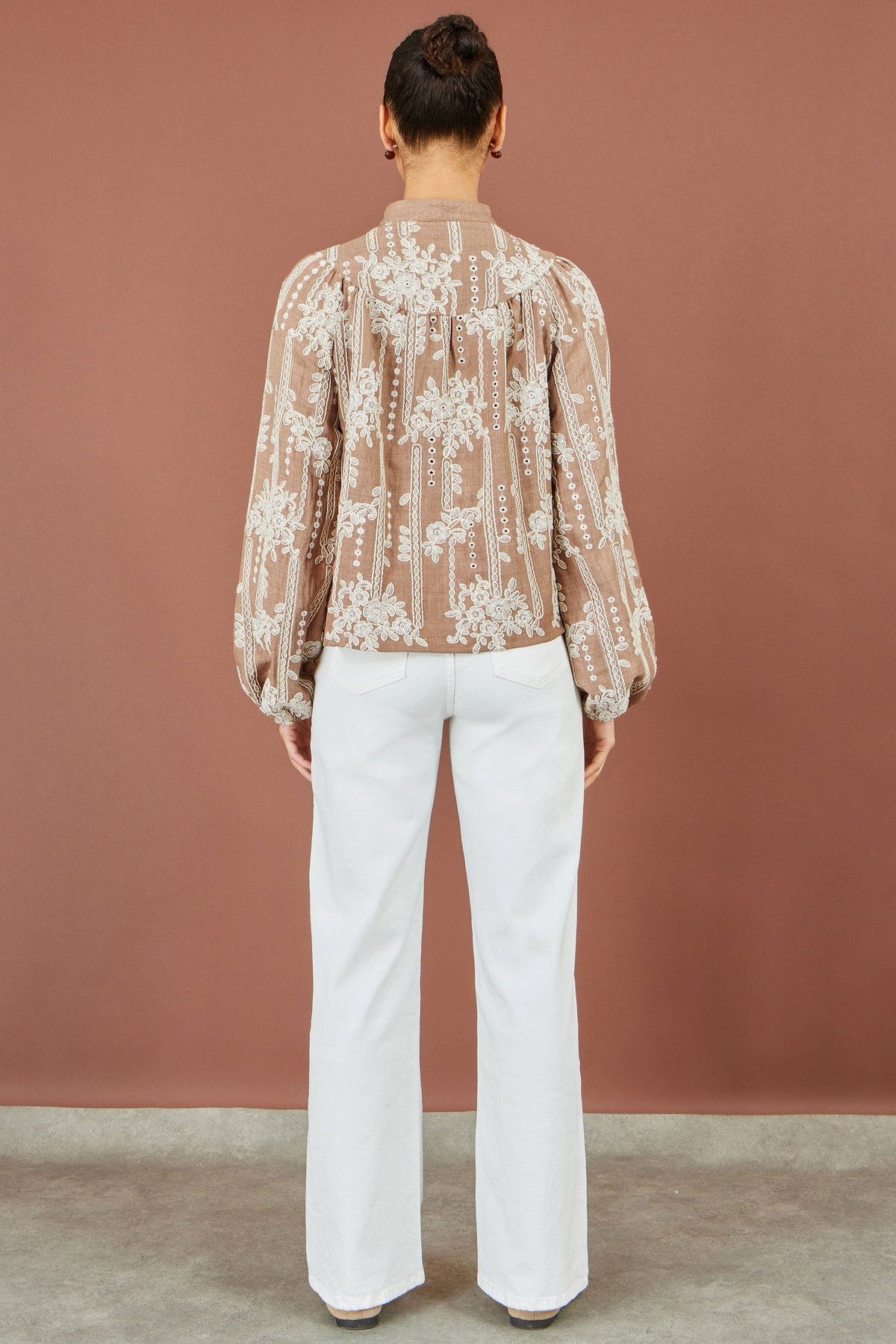 Yumi Brown Embroidered Floral Relaxed Shirt