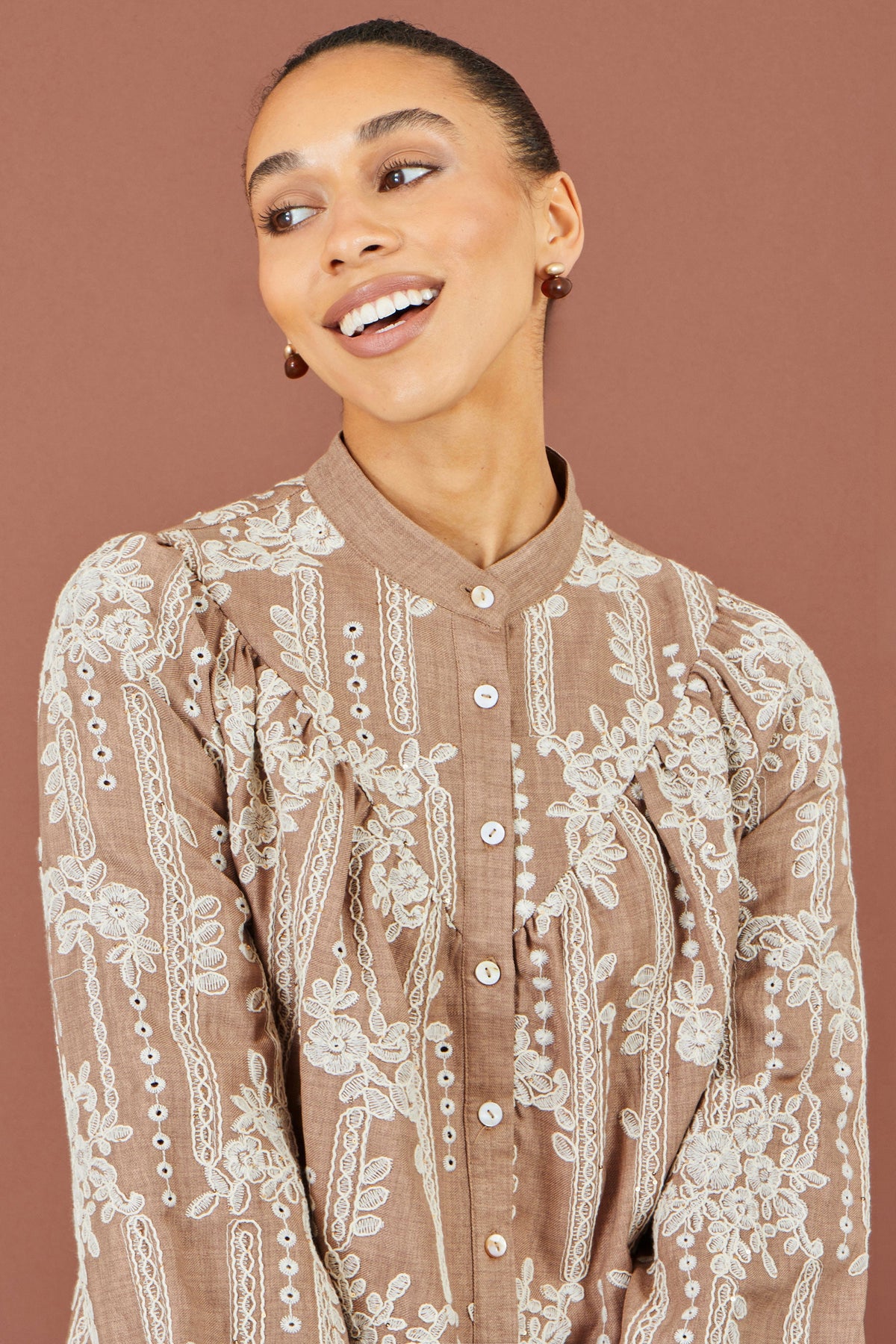 Yumi Brown Embroidered Floral Relaxed Shirt