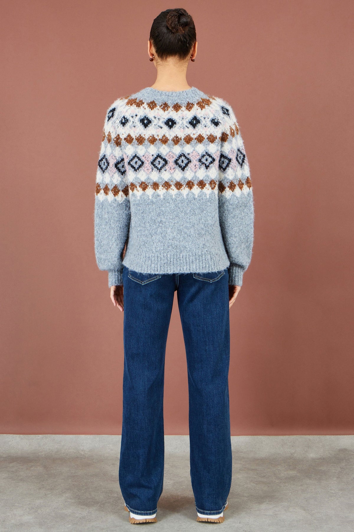 Yumi Grey Fairisle Wool Blend Relaxed Jumper