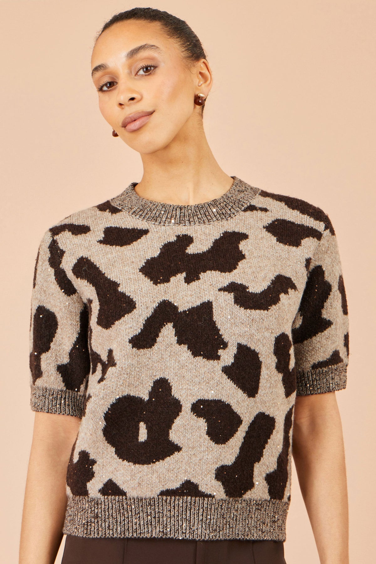 Yumi Brown Leopard Intarsia Short Sleeve Jumper