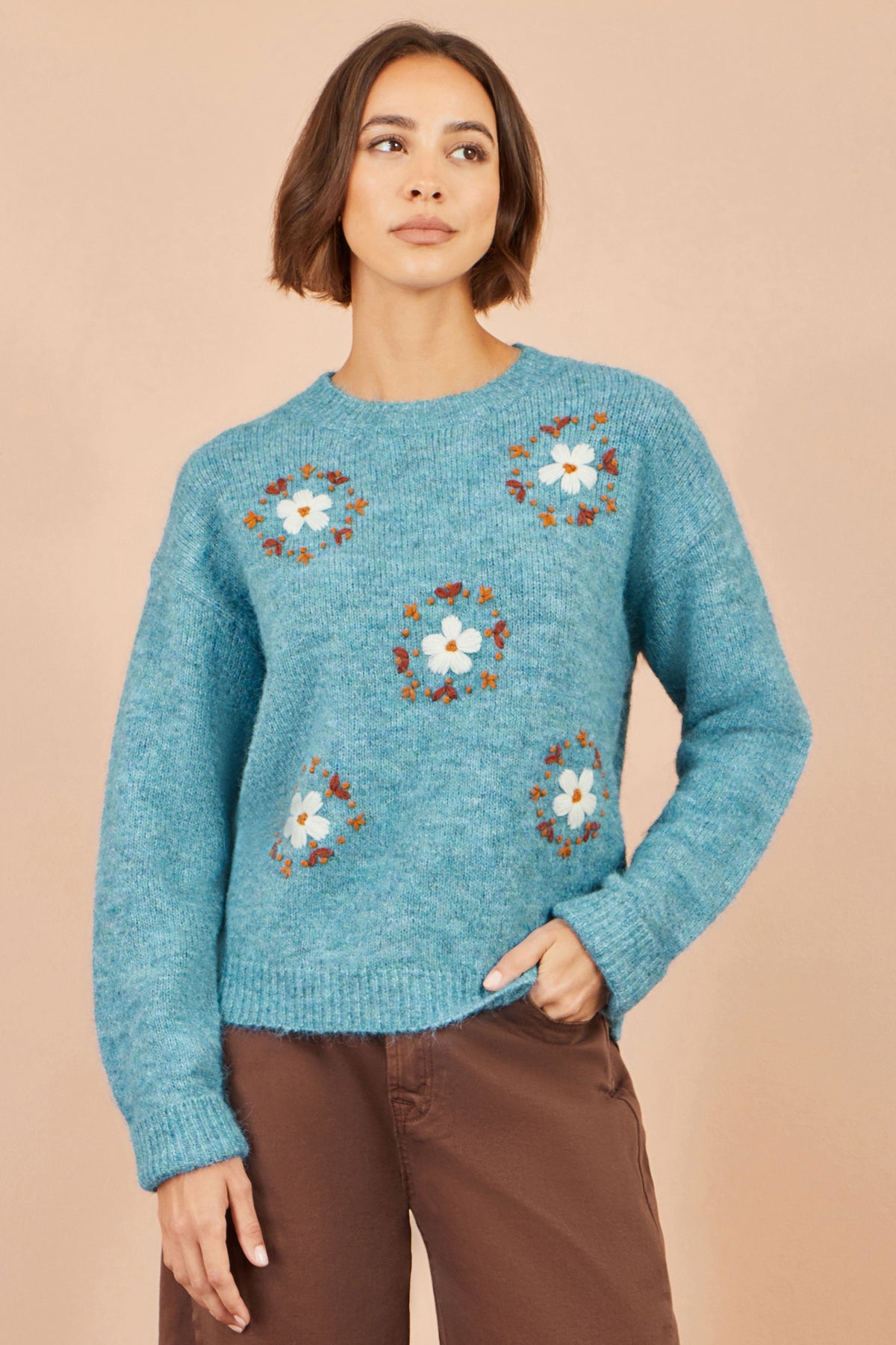 Yumi Blue Patch Floral Embroidered Relaxed Jumper