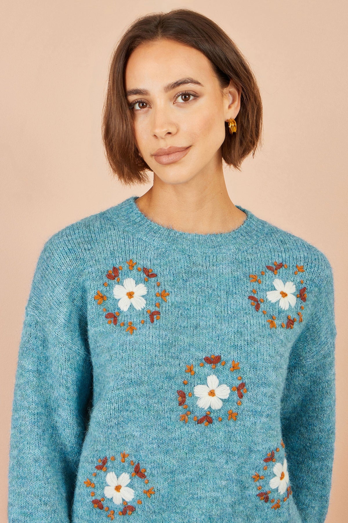 Yumi Blue Patch Floral Embroidered Relaxed Jumper