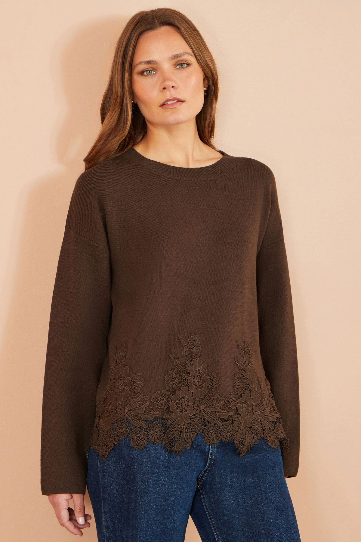 Yumi Brown Viscose Relaxed Jumper With Lace Trim