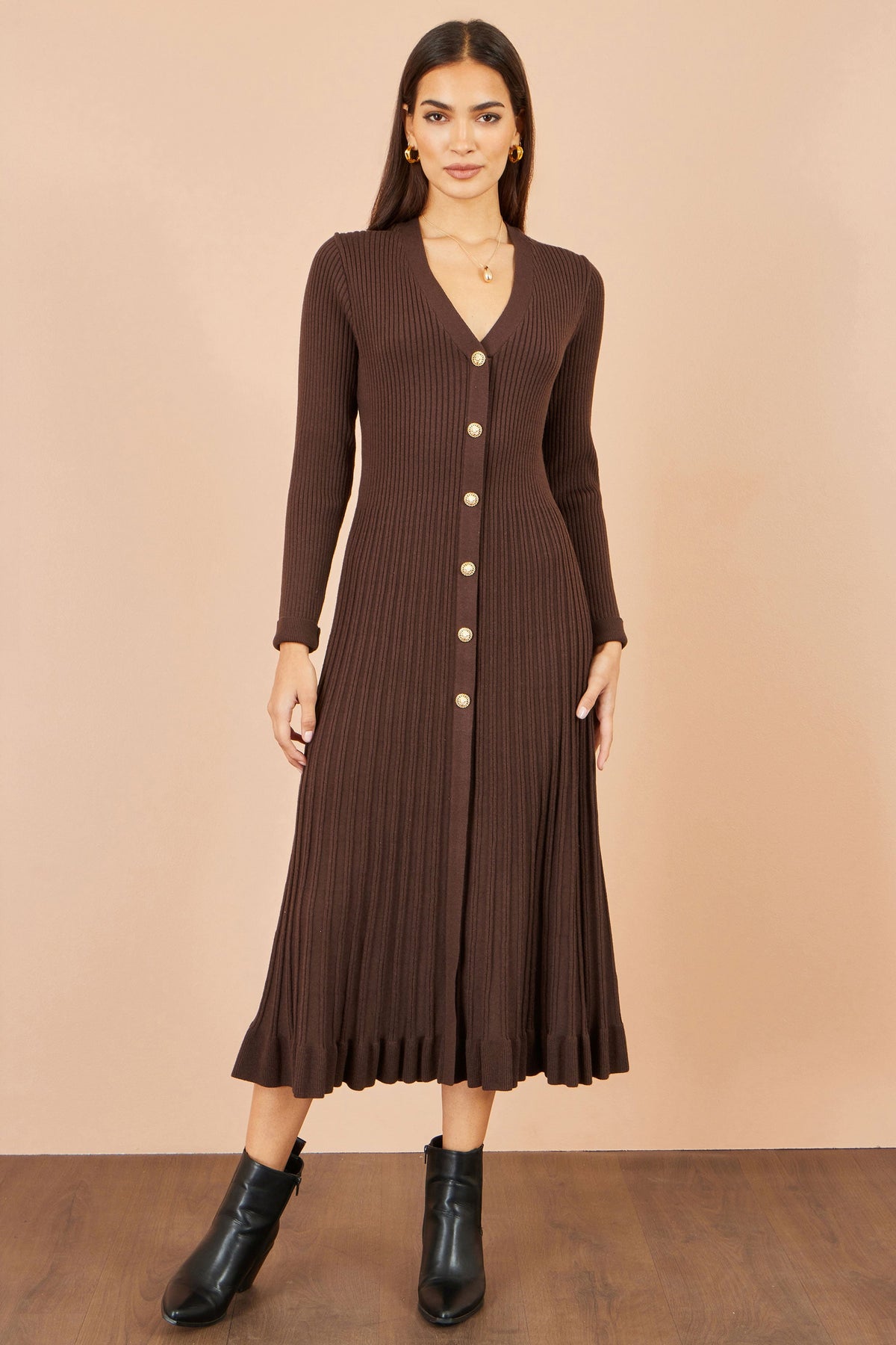 Yumi Brown Viscose Knitted Midi Ribbed Dress
