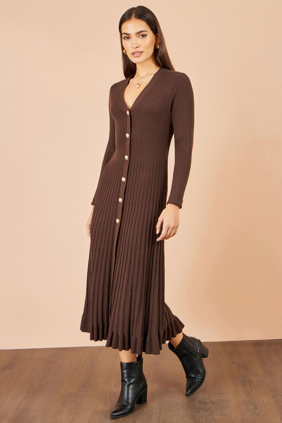 Yumi Brown Viscose Knitted Midi Ribbed Dress