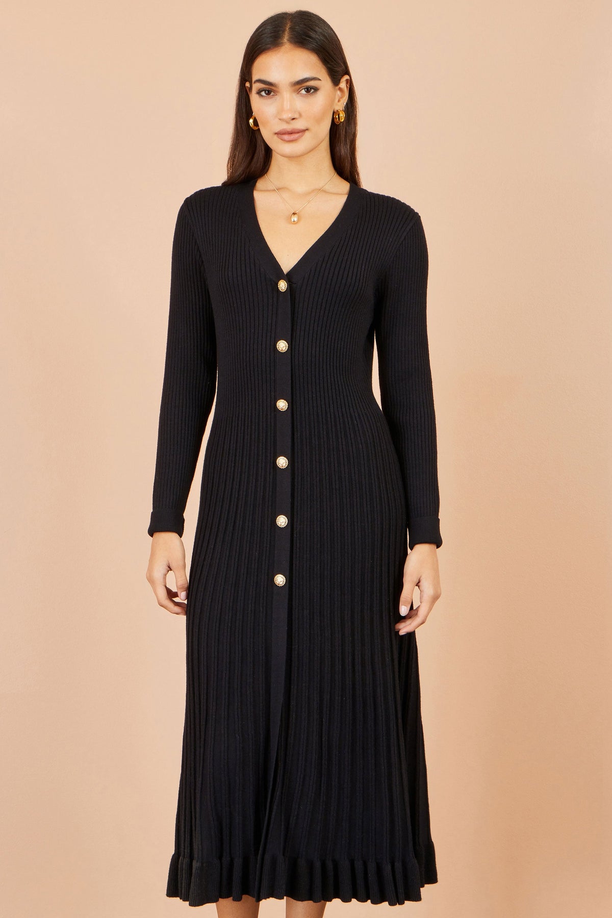 Yumi Black Viscose Knitted Midi Ribbed Dress