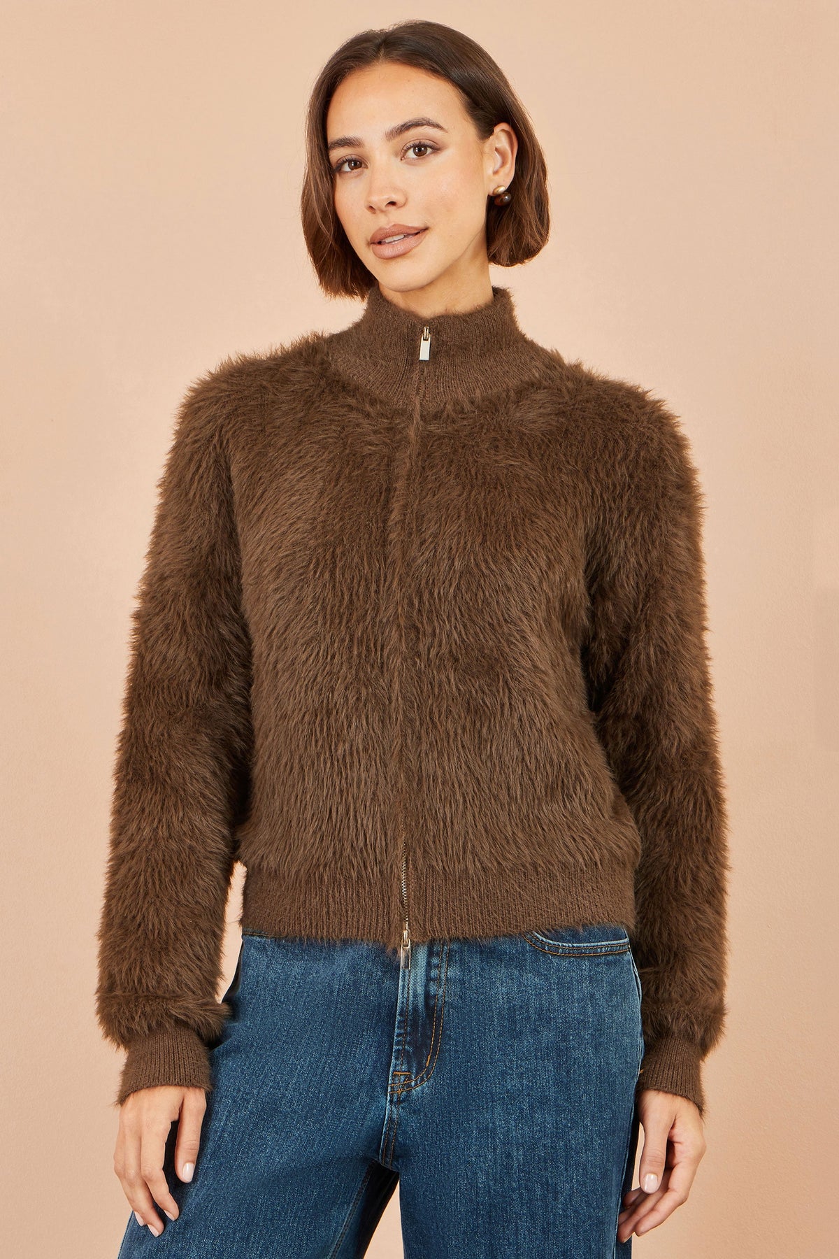 Yumi Brown Eyelash Zip Knitted Jacket