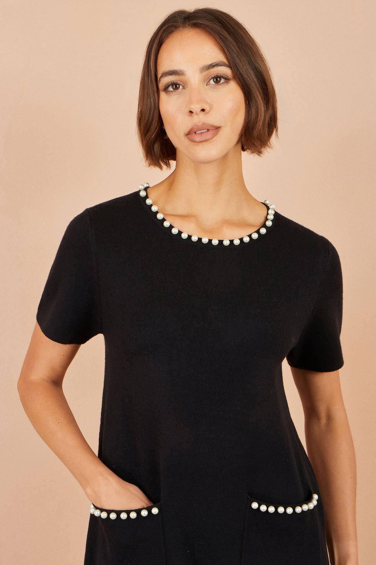 Yumi Black Pearl Detail Knitted Tunic