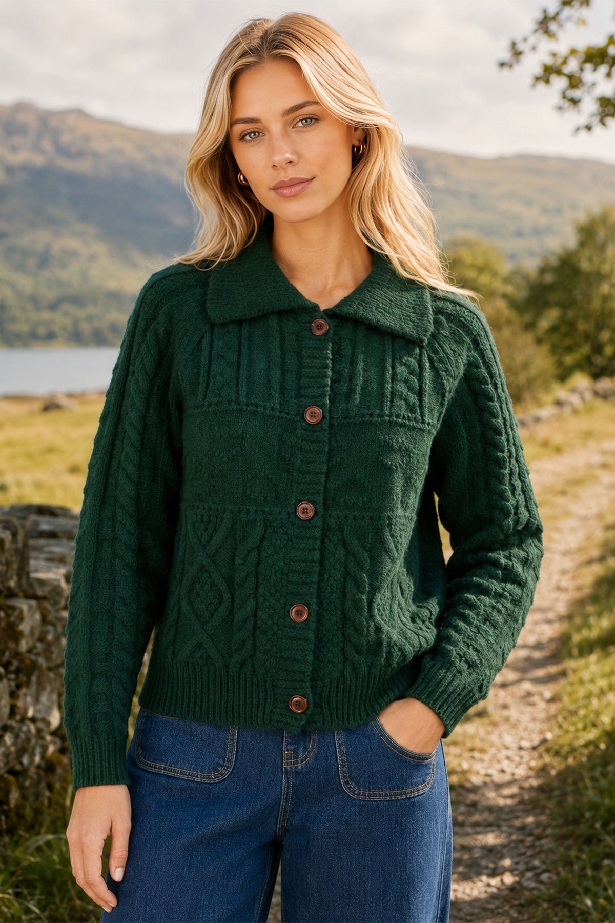 Yumi Green Cable Knit Boxy Jacket