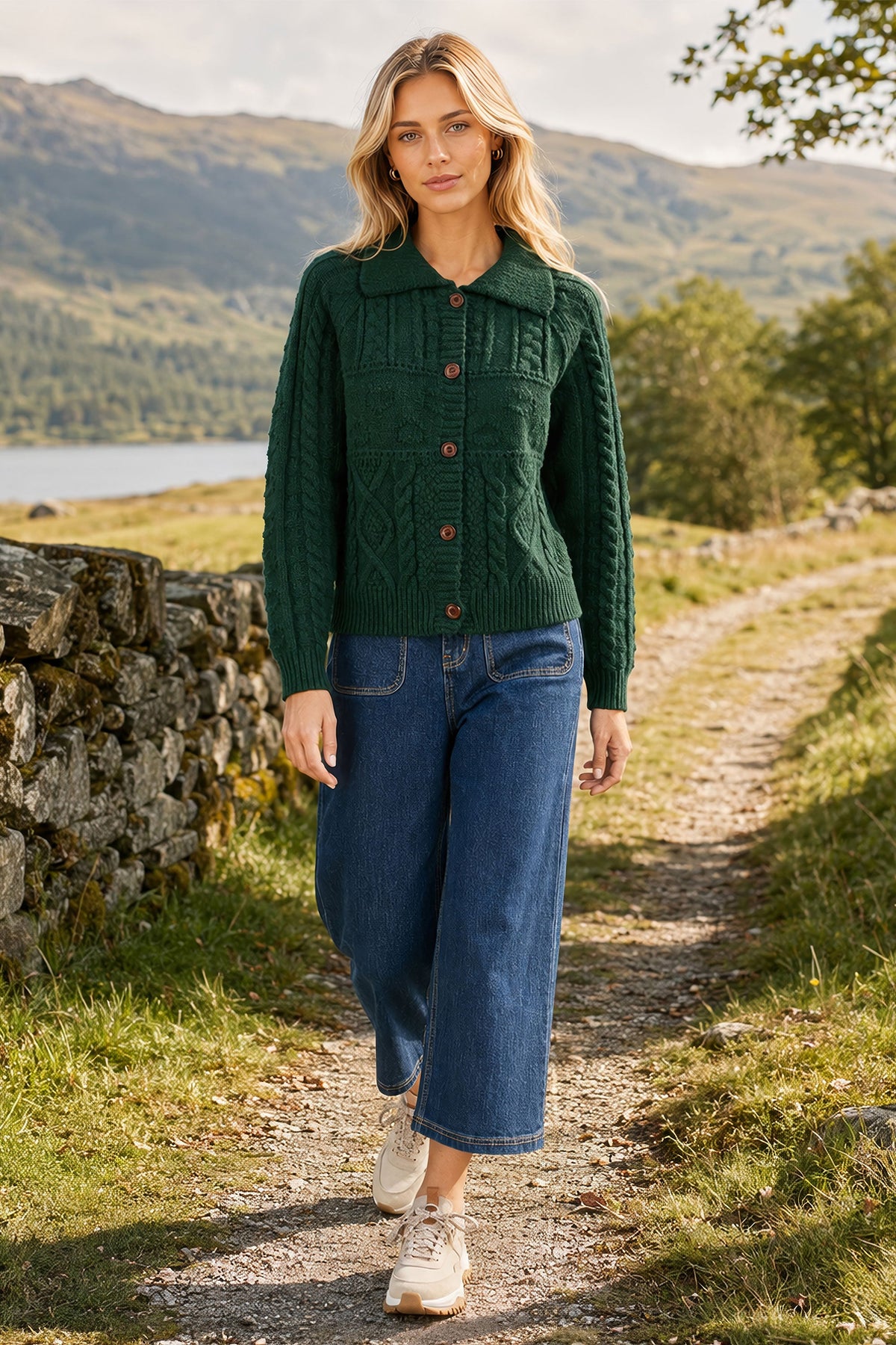 Yumi Green Cable Knit Boxy Jacket