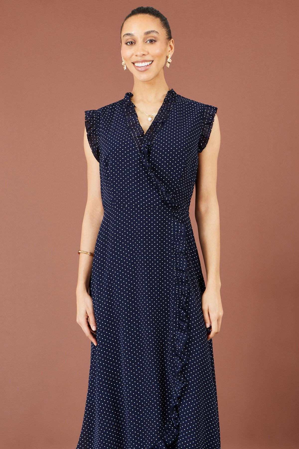 Yumi Navy Polka Dot Midi Wrap Frill Dress